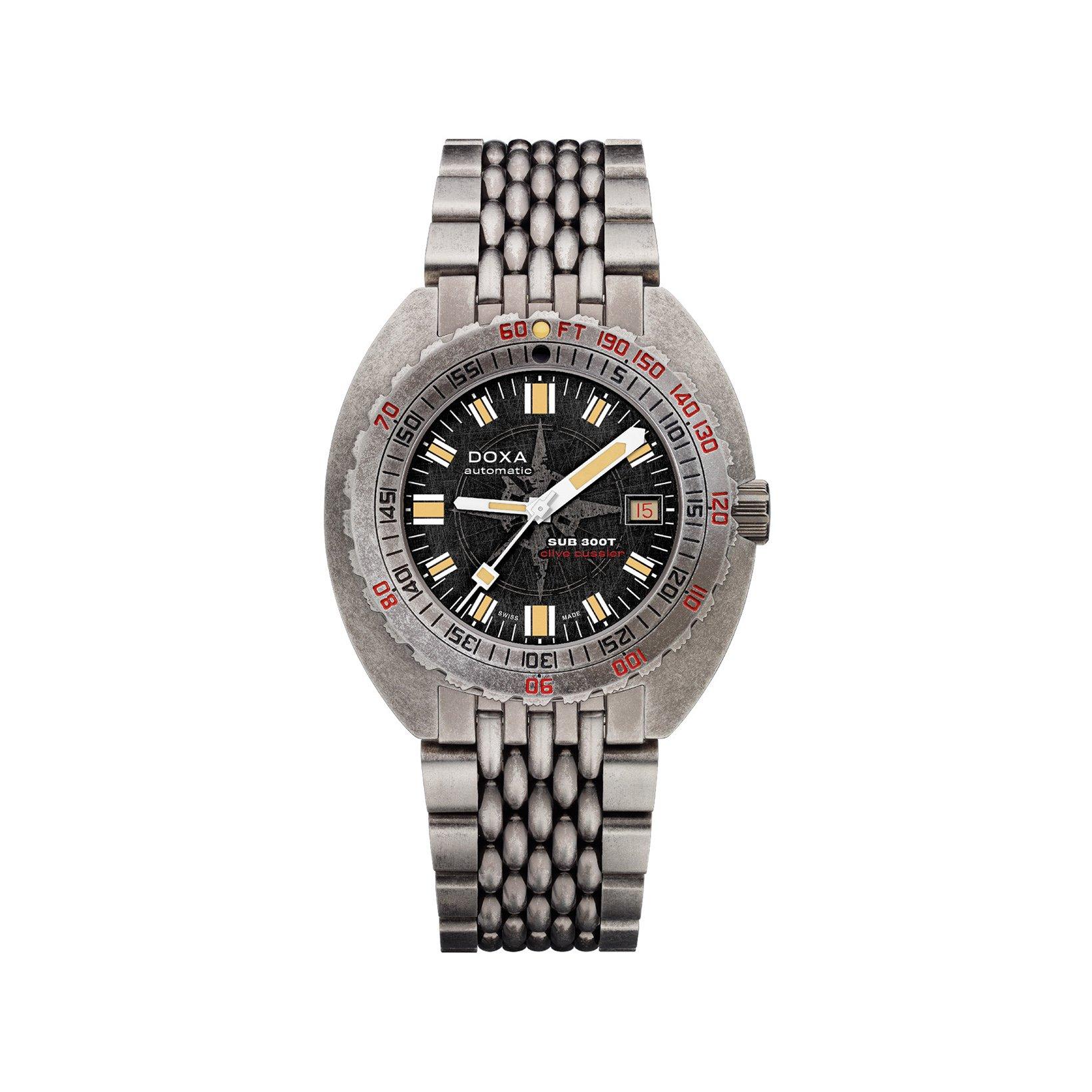 Doxa Watches Sub 300t Clive Cussler Sharkhunter Automatic 42.5 mm Stainless Steel Watch  Black Dial  Stainless Steel Bracelet