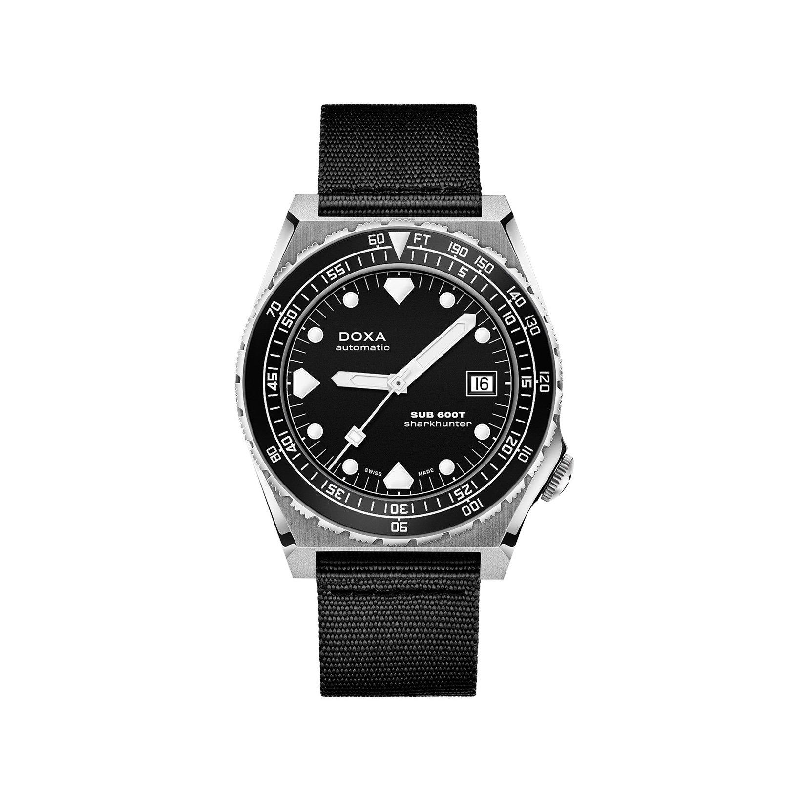 Doxa Watches Sub 600t Sharkhunter B&W Automatic 40 mm Stainless Steel And Ceramic Watch  Black Dial   Fabric Strap