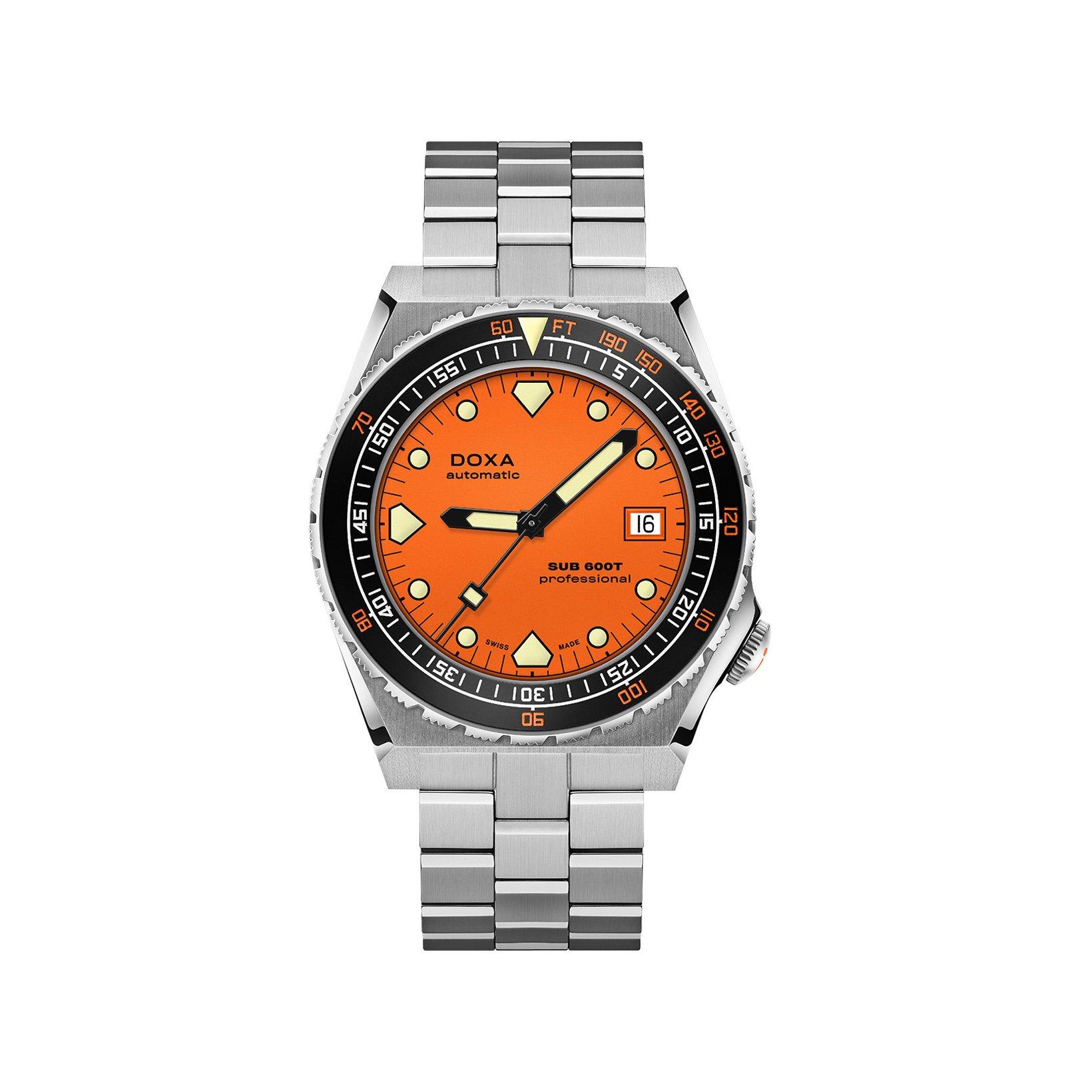 Doxa Watches Sub 600t Professional Automatic 40 mm Stainless Steel Watch  Orange Dial  Stainless Steel Bracelet