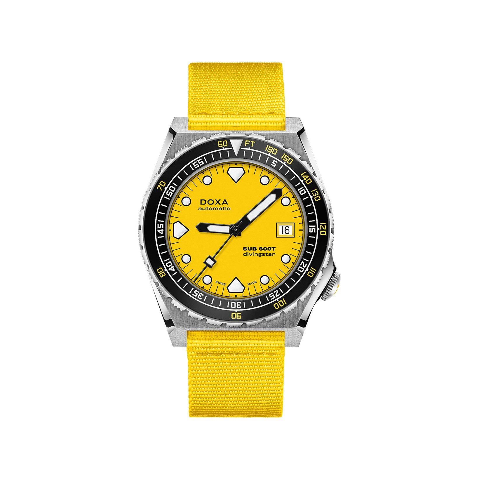 Doxa Watches Sub 600t Divingstar Automatic 40 mm Stainless Steel Watch  Yellow Dial   Fabric Strap