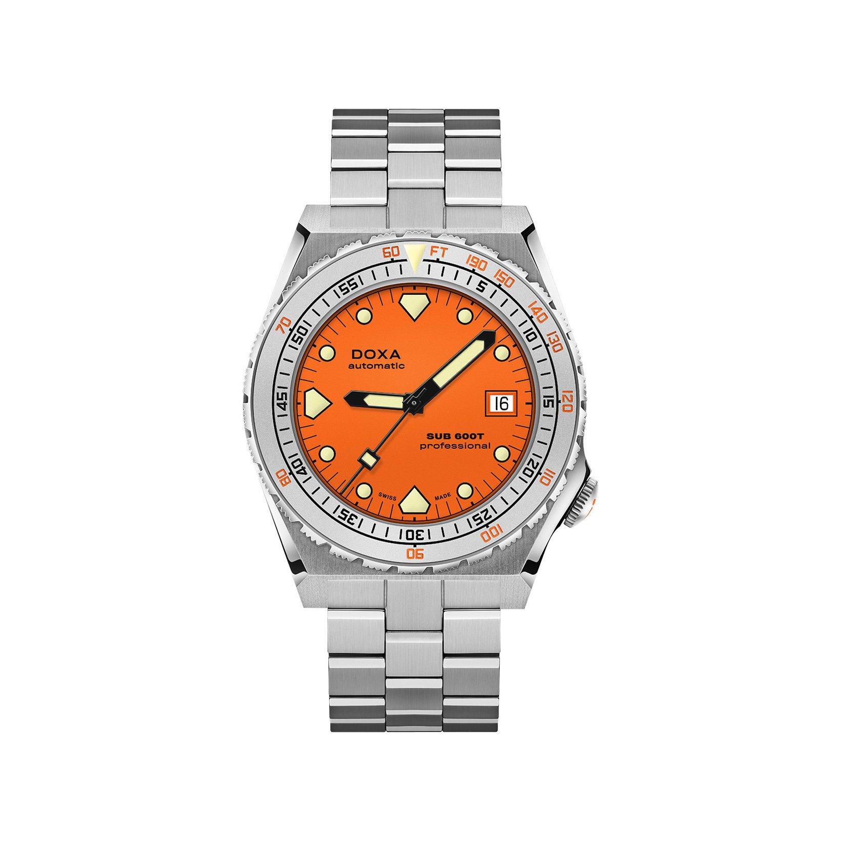 Doxa Watches Sub 600t Professional Automatic 40 mm Stainless Steel Watch  Orange Dial  Stainless Steel Bracelet