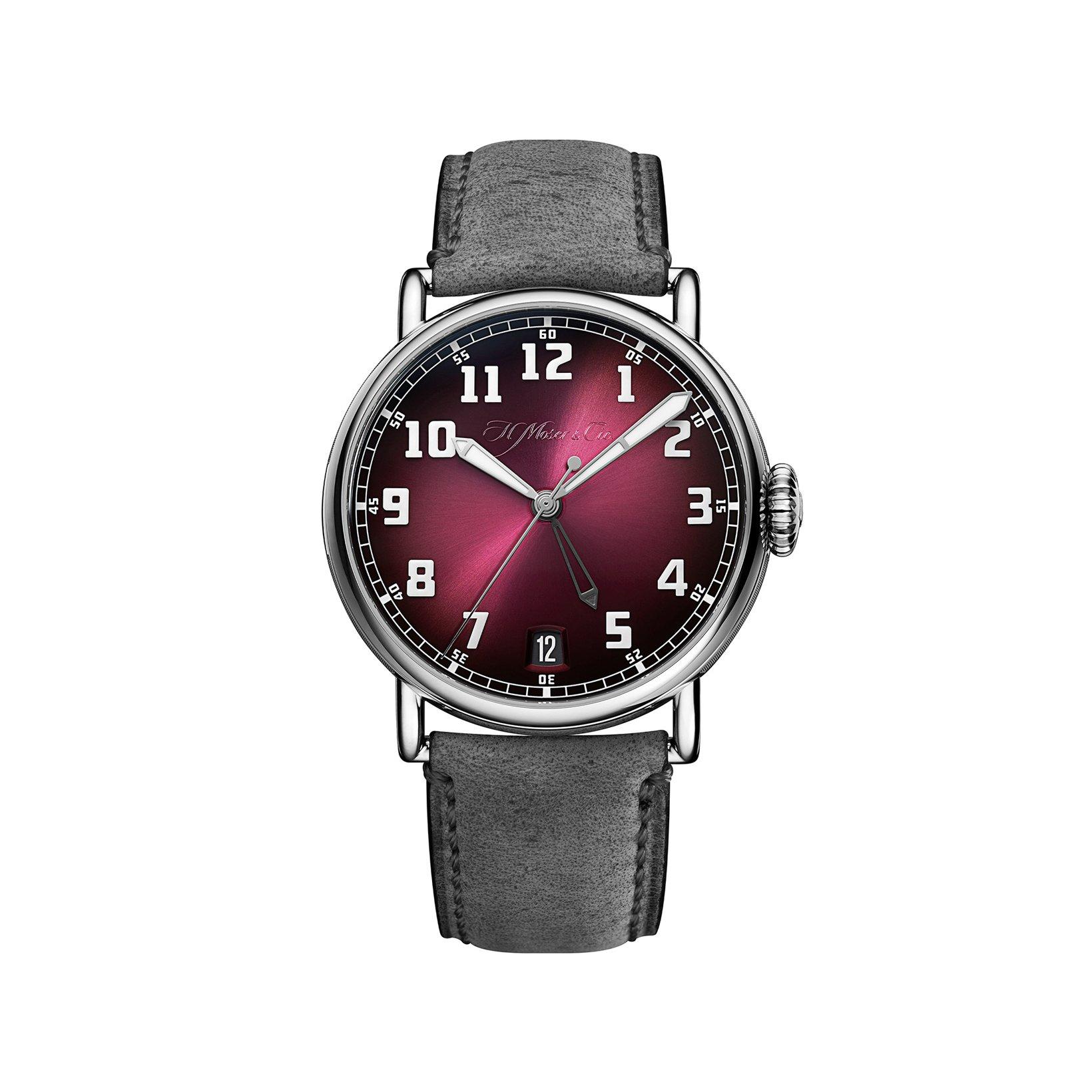 H. Moser & Cie Heritage Dual Time Automatic 42 mm Stainless Steel Watch  Burgundy Fume Dial   Kudu Strap