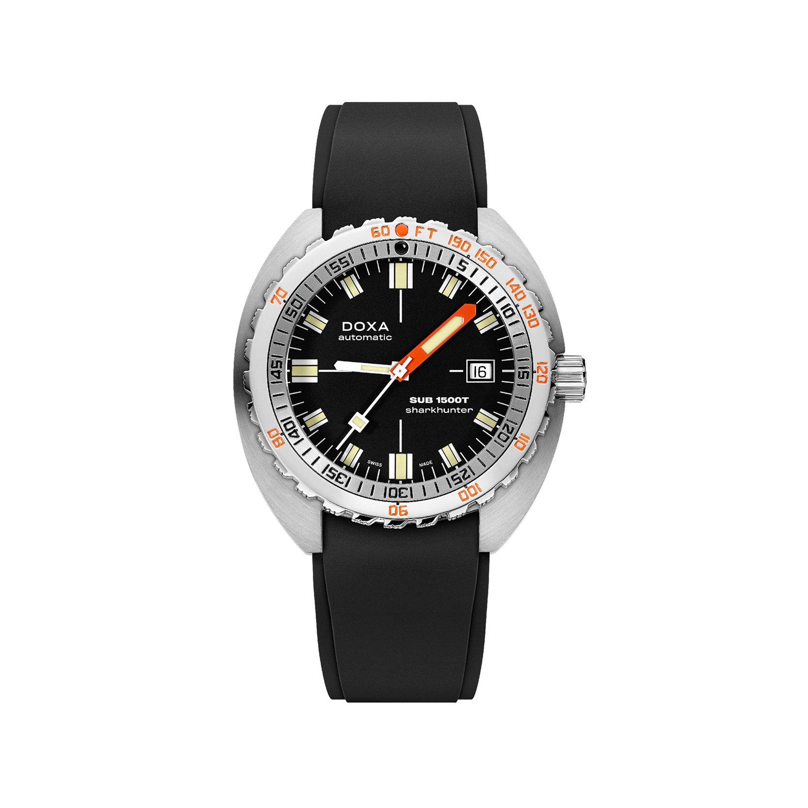Doxa Watches Sub 1500t Sharkhunter Automatic 45 mm Stainless Steel Watch  Black Dial   Rubber Strap