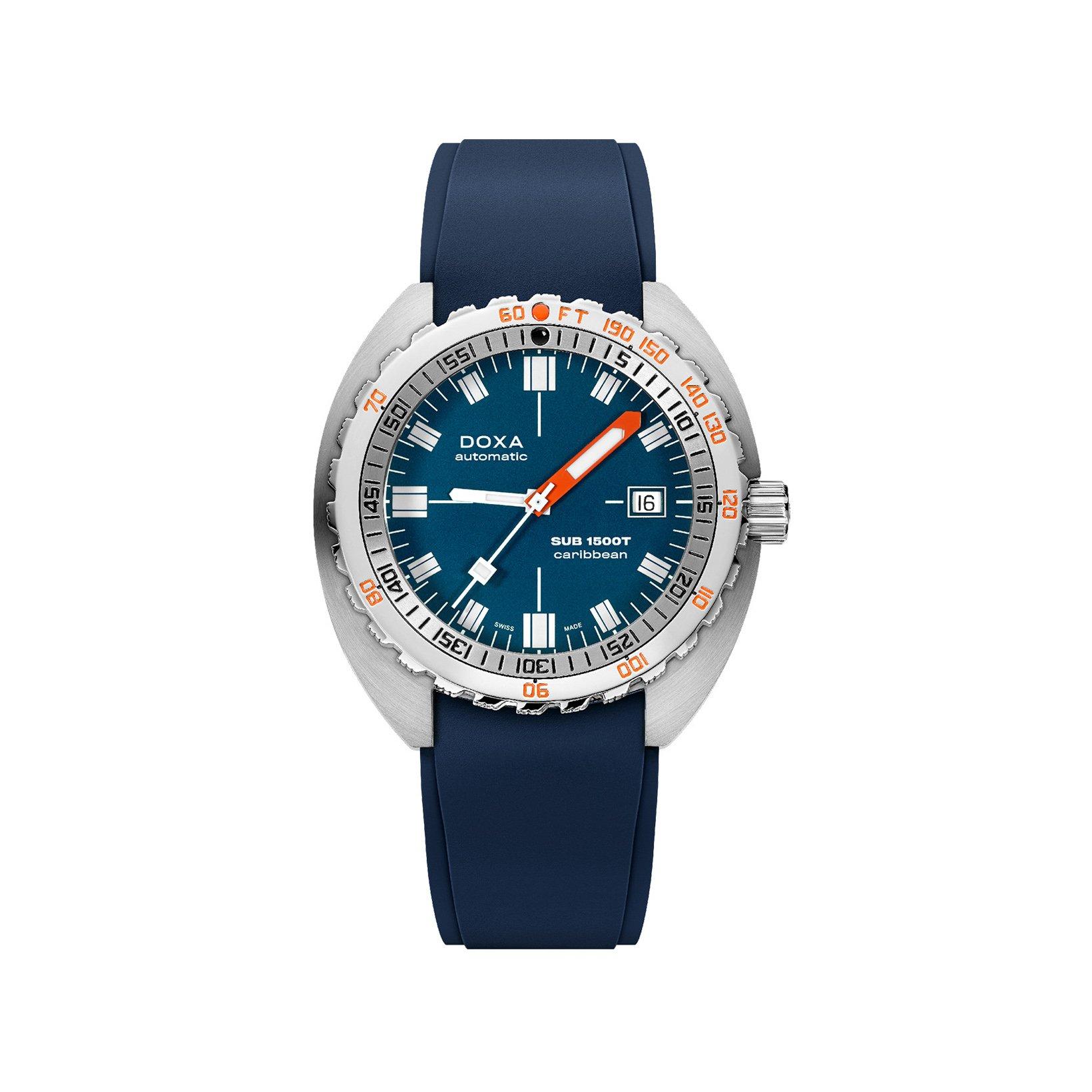 Doxa Watches Sub 1500t Caribbean Automatic 45 mm Stainless Steel Watch  Blue Dial   Rubber Strap