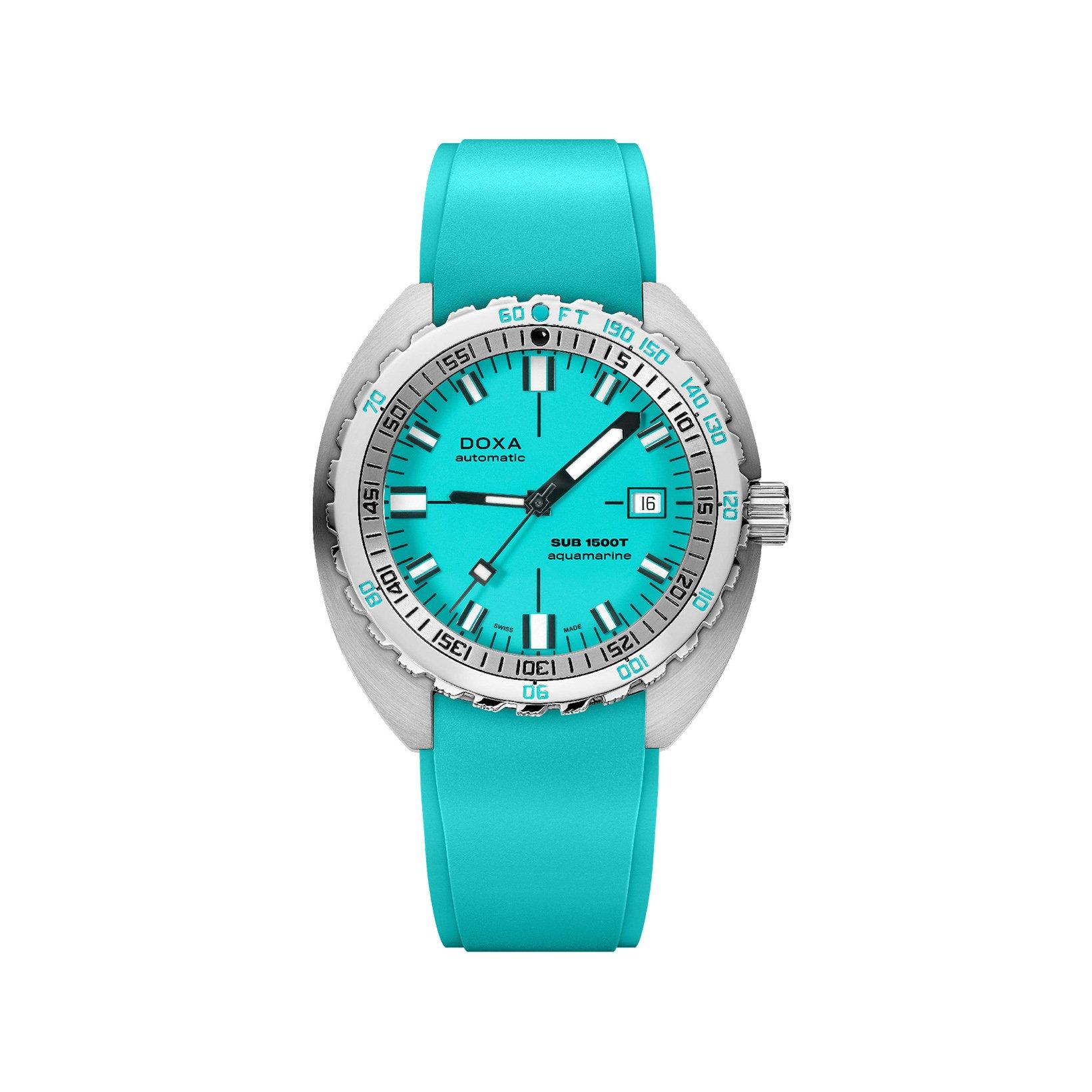 Doxa Watches Sub 1500t Aquamarine Automatic 45 mm Stainless Steel Watch  Turquoise Dial   Rubber Strap