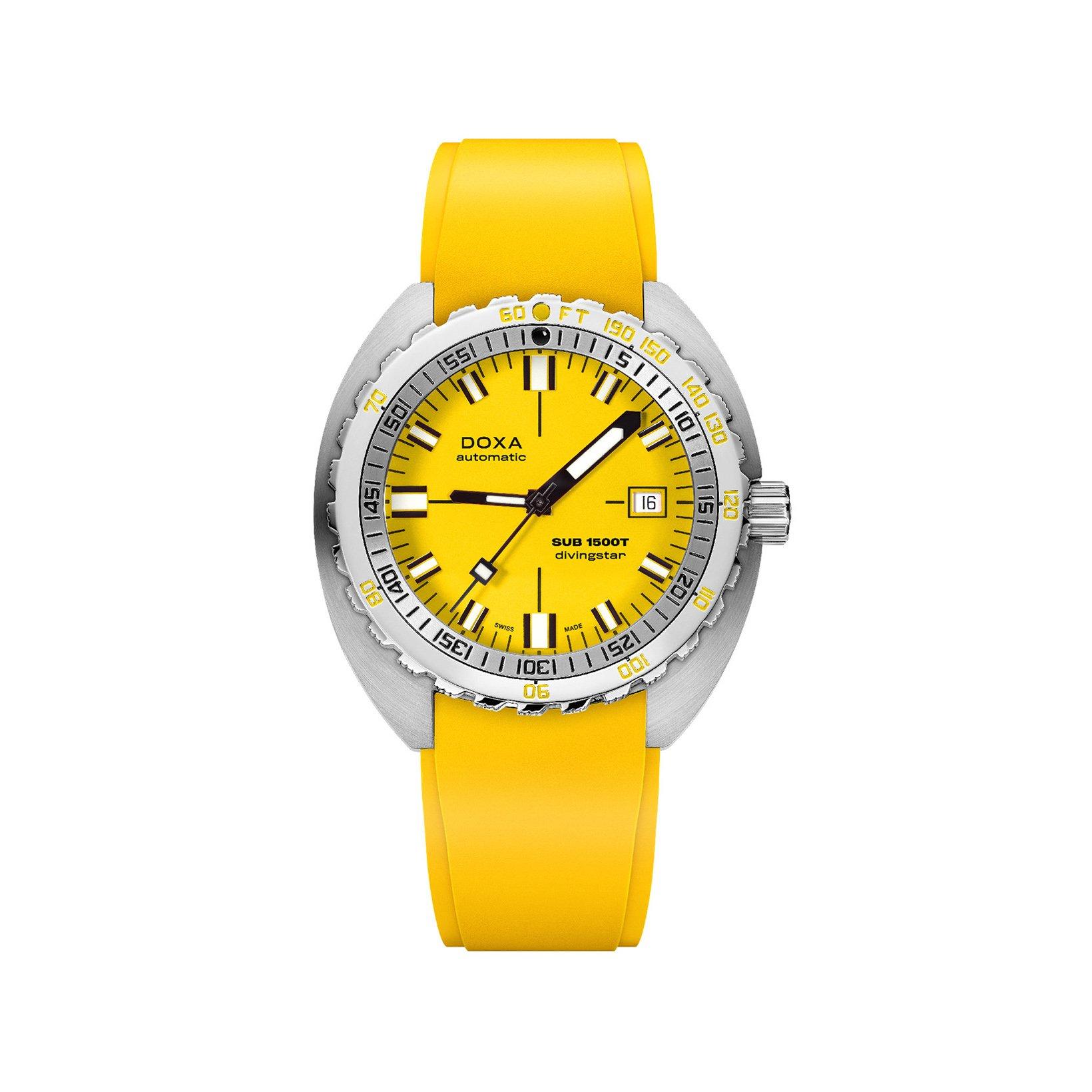 Doxa Watches Sub 1500t Divingstar Automatic 45 mm Stainless Steel Watch  Yellow Dial   Rubber Strap