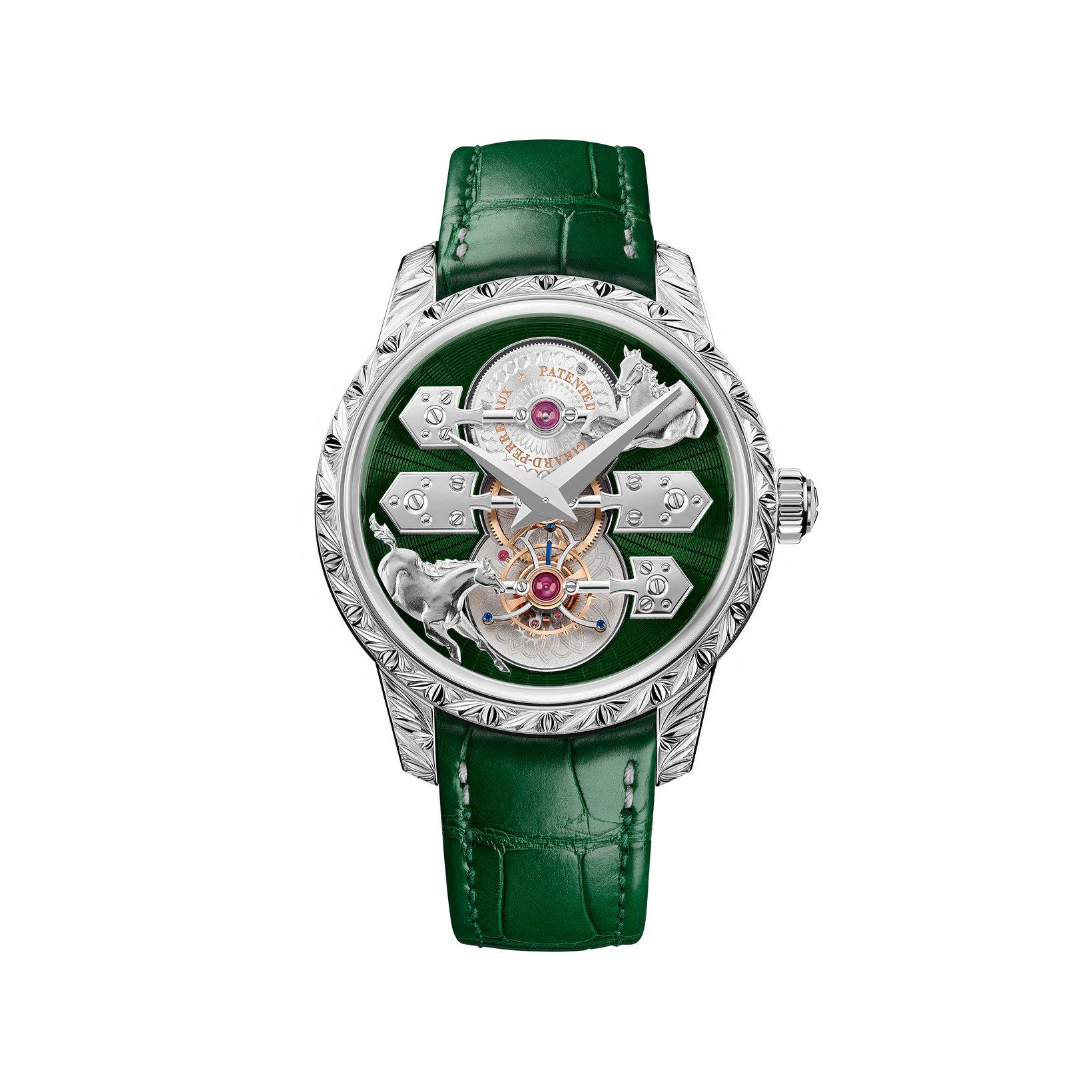 Girard Perregaux Bridges La Esmeralda Tourbillon A Secret Eternity Edition Automatic 43 mm White Gold Watch  Green Dial   Alligator Leather Strap
