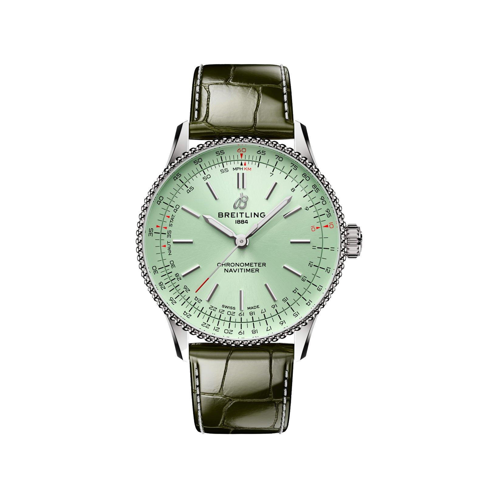 Breitling Navitimer B17 Automatic 36 mm Stainless Steel Watch  Mint Green Dial   Alligator Leather Strap