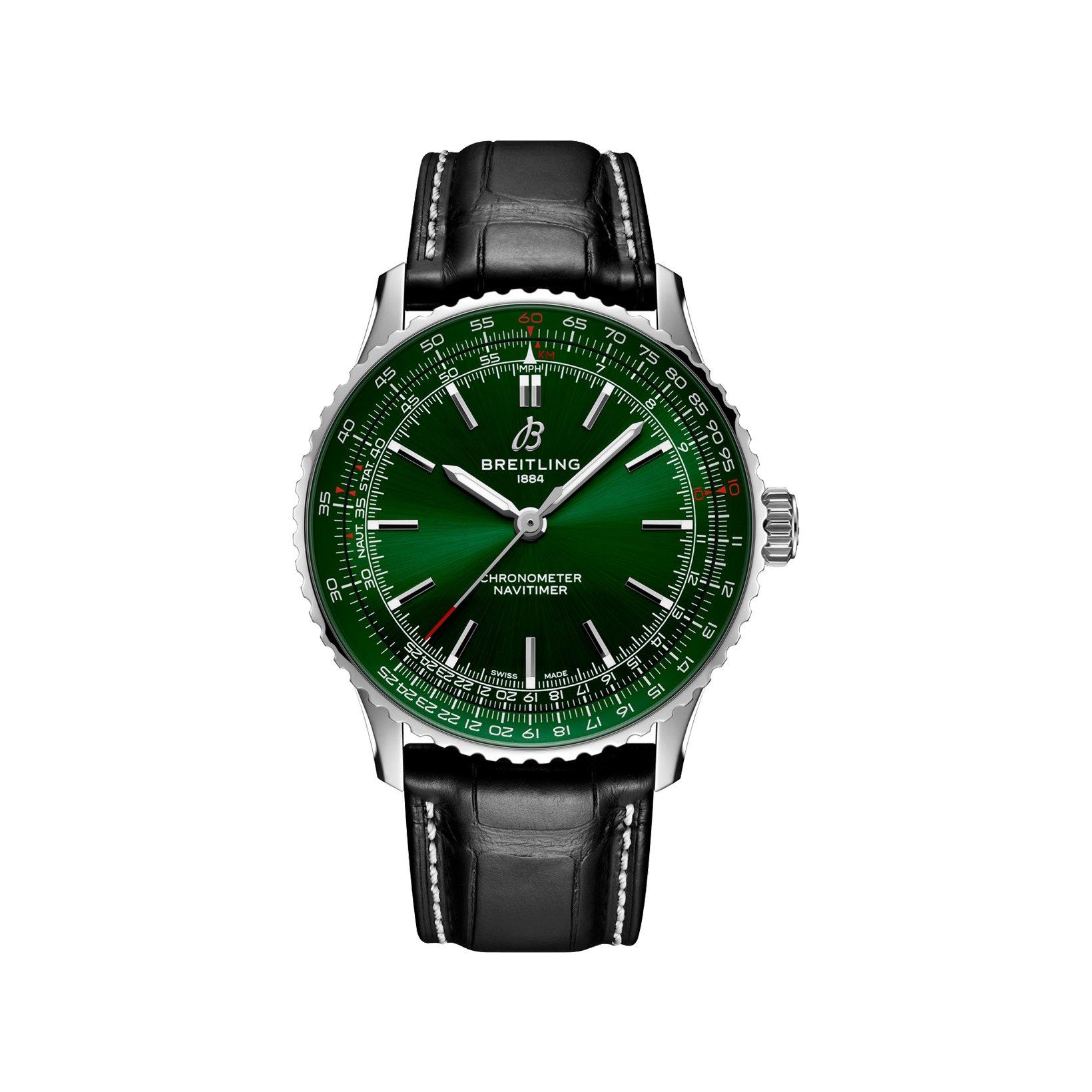 Breitling Navitimer B17 Automatic 41 mm Stainless Steel Watch  Green Dial   Alligator Leather Strap