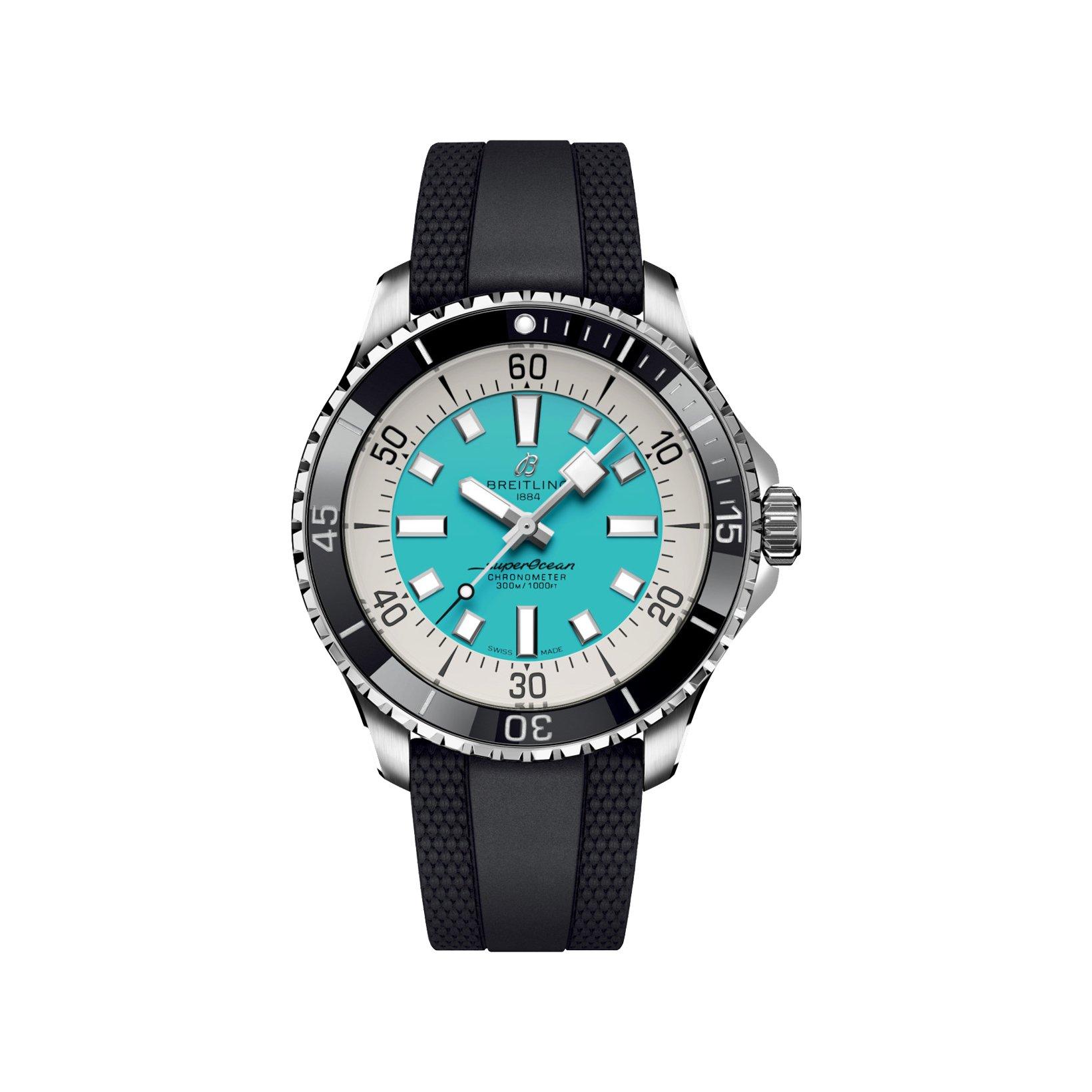 Breitling Superocean B17 Automatic 44 mm Stainless Steel Watch  Turquoise Dial   Rubber Strap