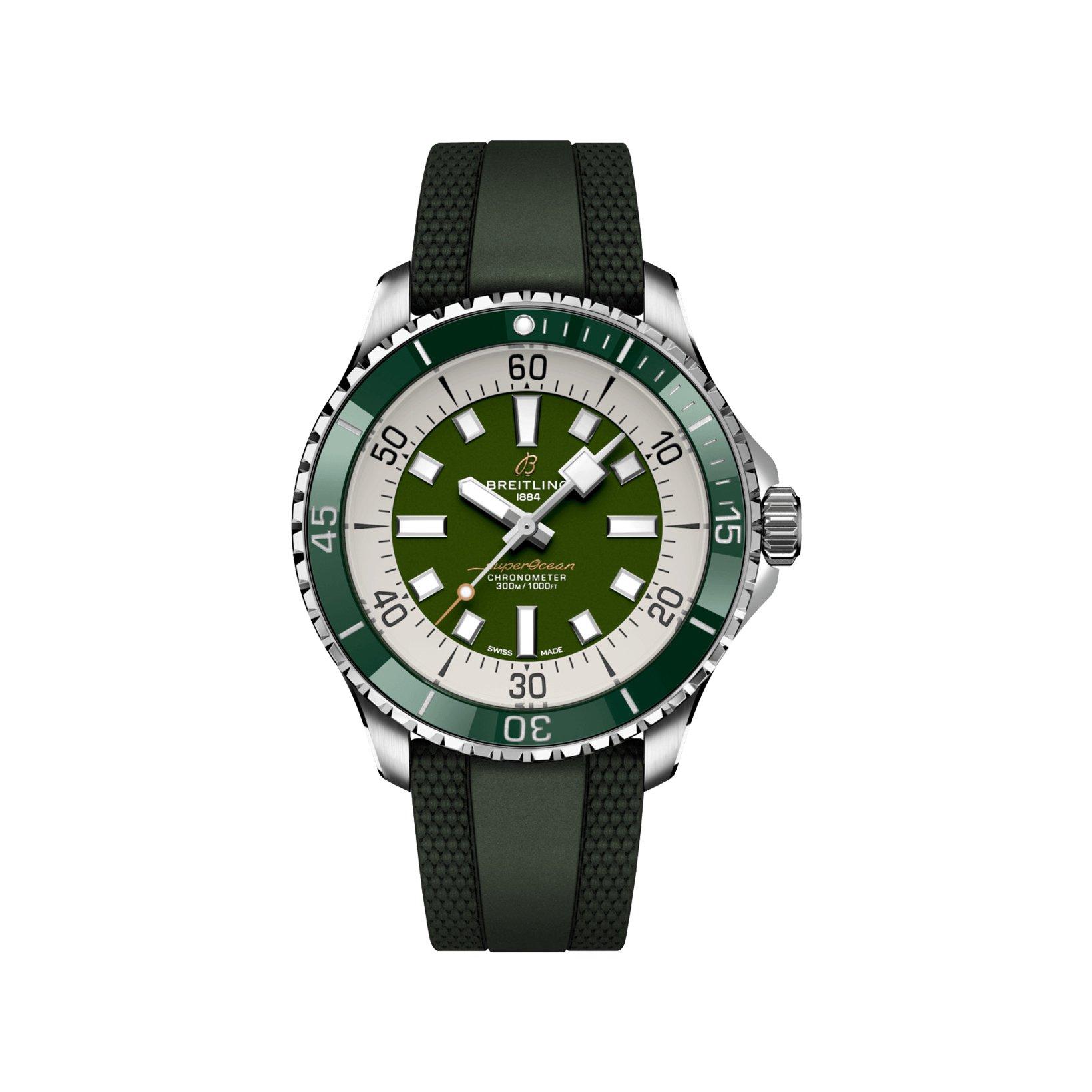 Breitling Superocean B17 Automatic 44 mm Stainless Steel Watch  Green Dial   Rubber Strap