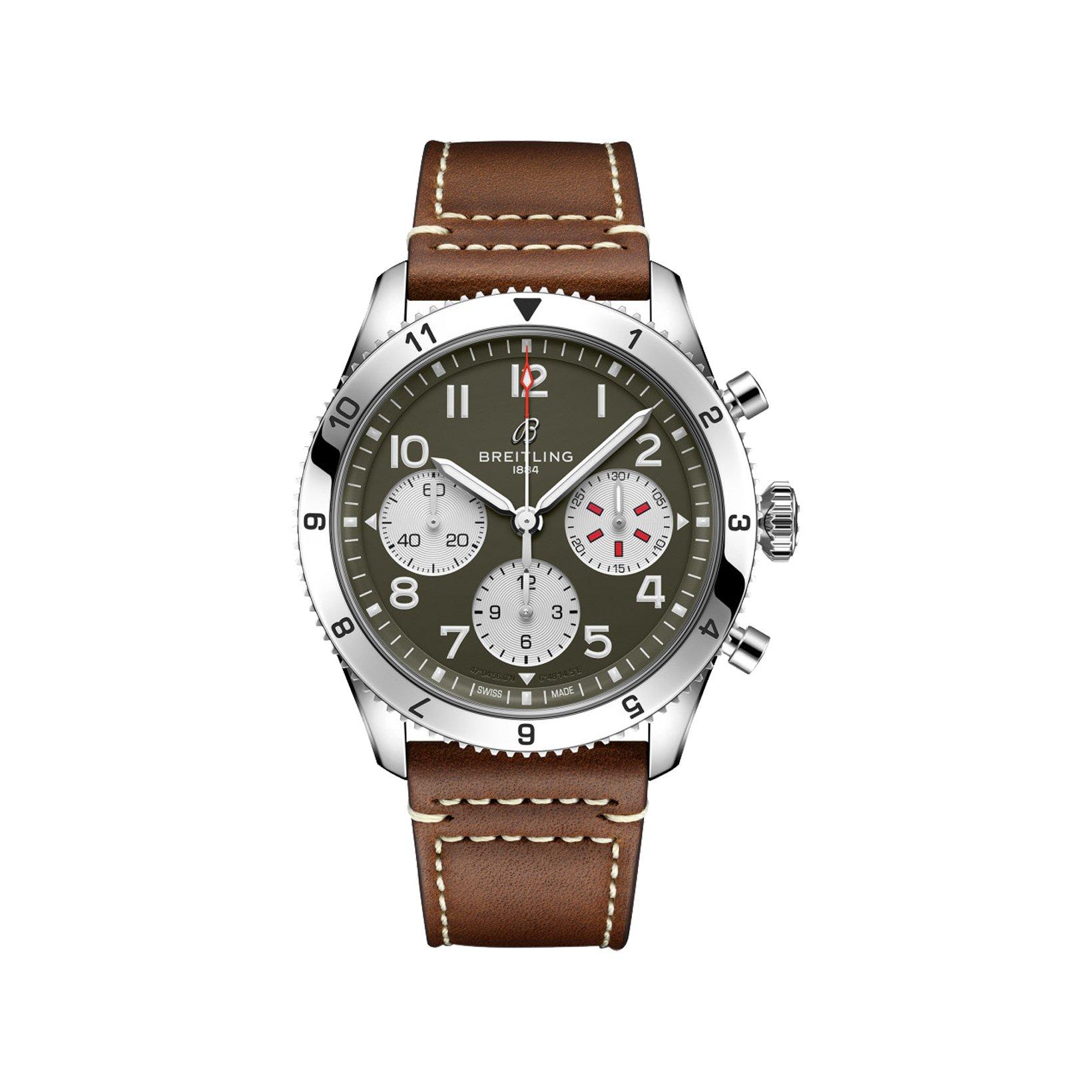 Breitling Aviator B23 Automatic 42 mm Stainless Steel Watch  Green Dial   Calf Skin Leather Strap
