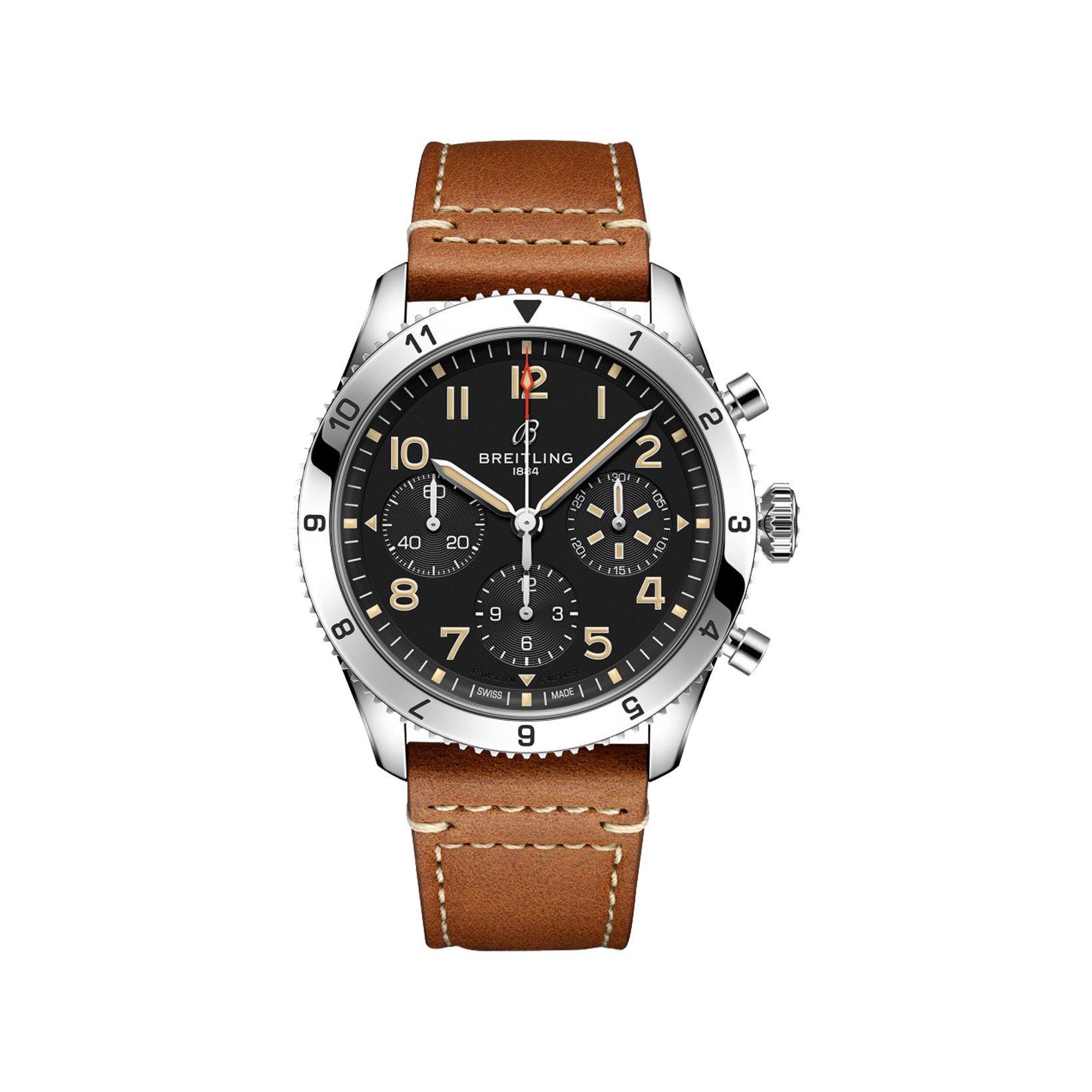 Breitling Aviator B23 Automatic 42 mm Stainless Steel Watch  Black Dial   Calf Skin Leather Strap