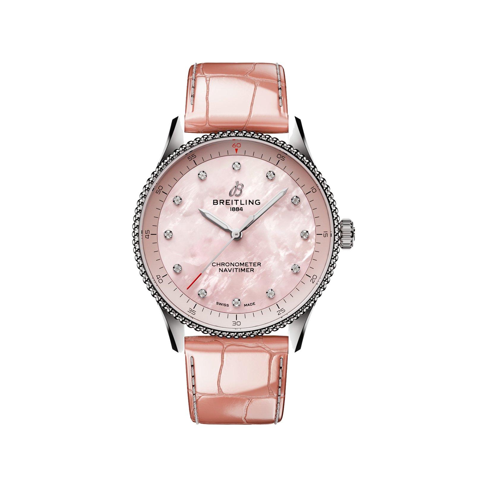 Breitling Navitimer B77 Quartz 32 mm Stainless Steel Watch  Pink Dial   Alligator Leather Strap
