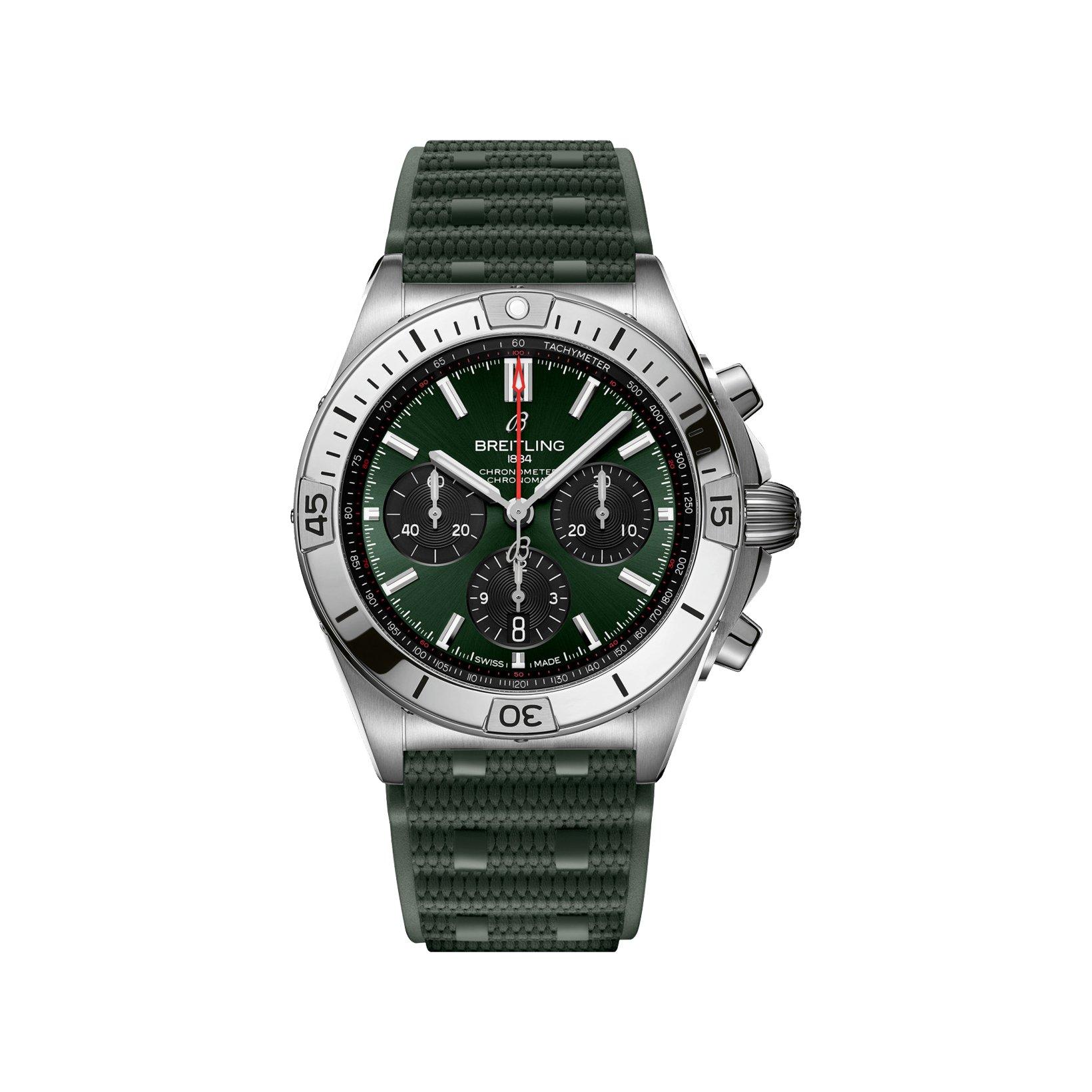 Breitling Chronomat B01 Automatic 41 mm Stainless Steel Watch  Green Dial   Rubber Strap