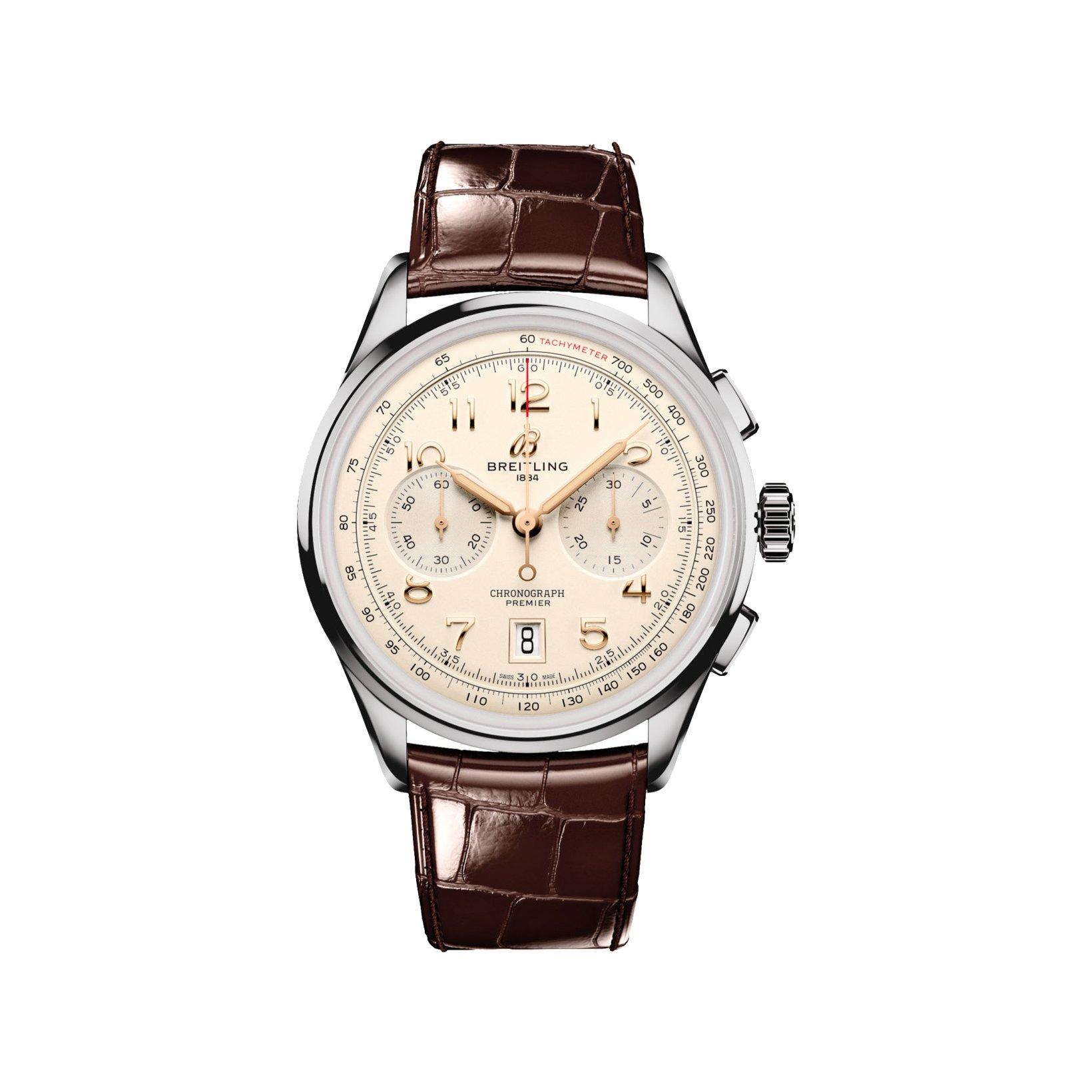 Breitling Premier B01 Automatic 42 mm Stainless Steel Watch  Cream Dial   Alligator Leather Strap
