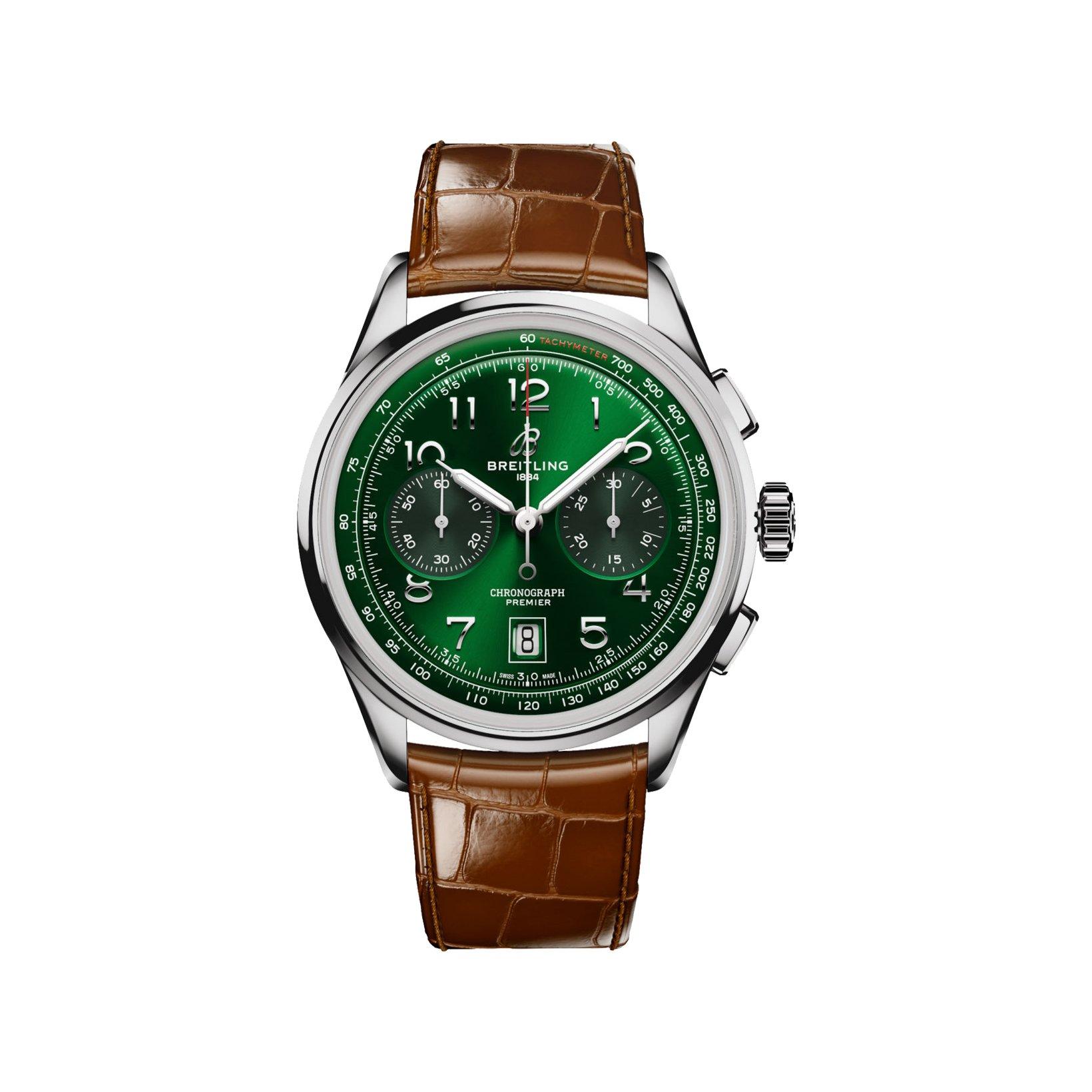 Breitling Premier B01 Automatic 42 mm Stainless Steel Watch  Green Dial   Alligator Leather Strap