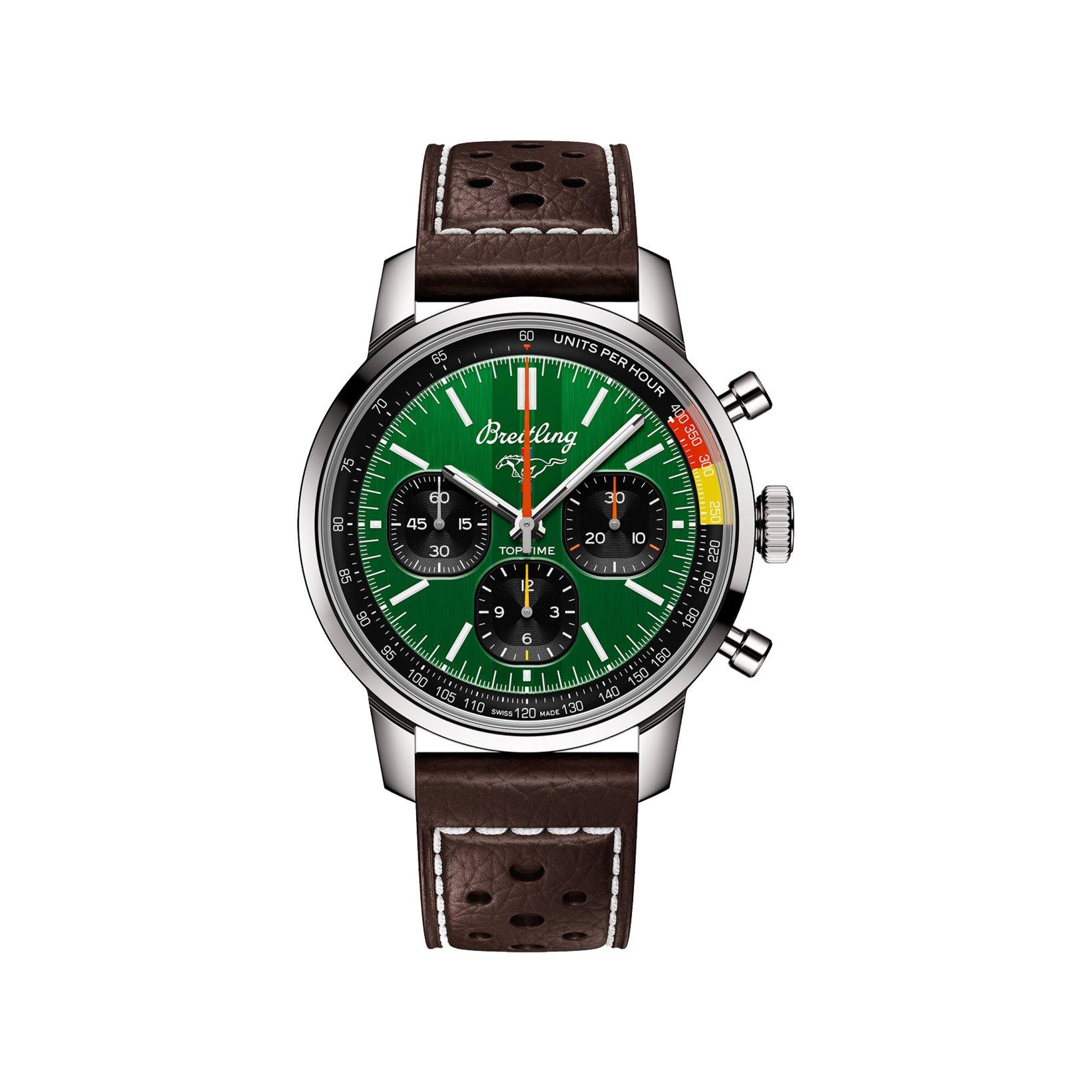 Breitling Top Time B01 Automatic 41 mm Stainless Steel Watch  Green Dial   Calf Skin Leather Strap