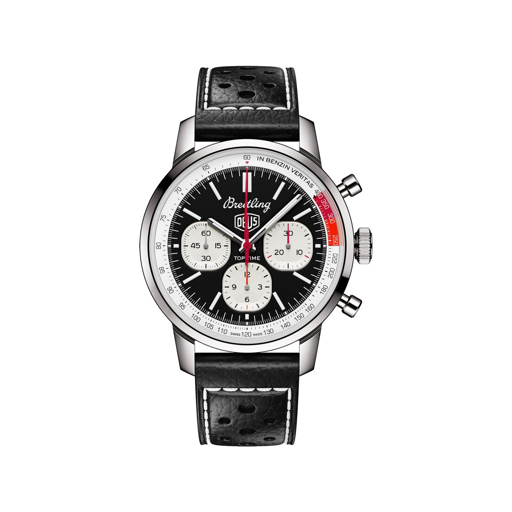Breitling Top Time B01 Automatic 41 mm Stainless Steel Watch  Black And White Dial   Calf Skin Leather Strap