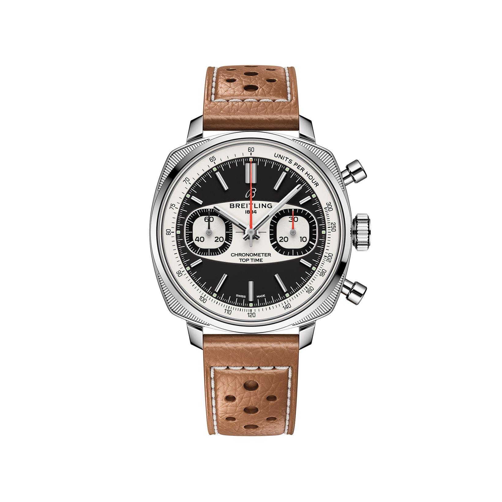 Breitling Top Time B01 Automatic 38 mm Stainless Steel Watch  Black And White Dial   Calf Skin Leather Strap