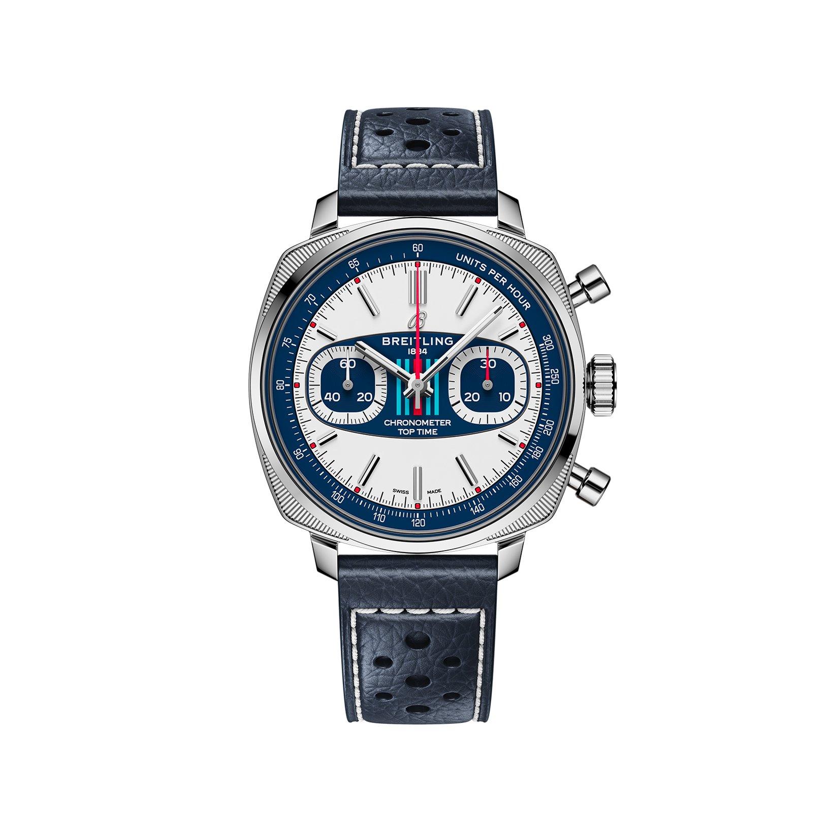 Breitling Top Time B01 Automatic 38 mm Stainless Steel Watch  White And Blue Dial   Calf Skin Leather Strap