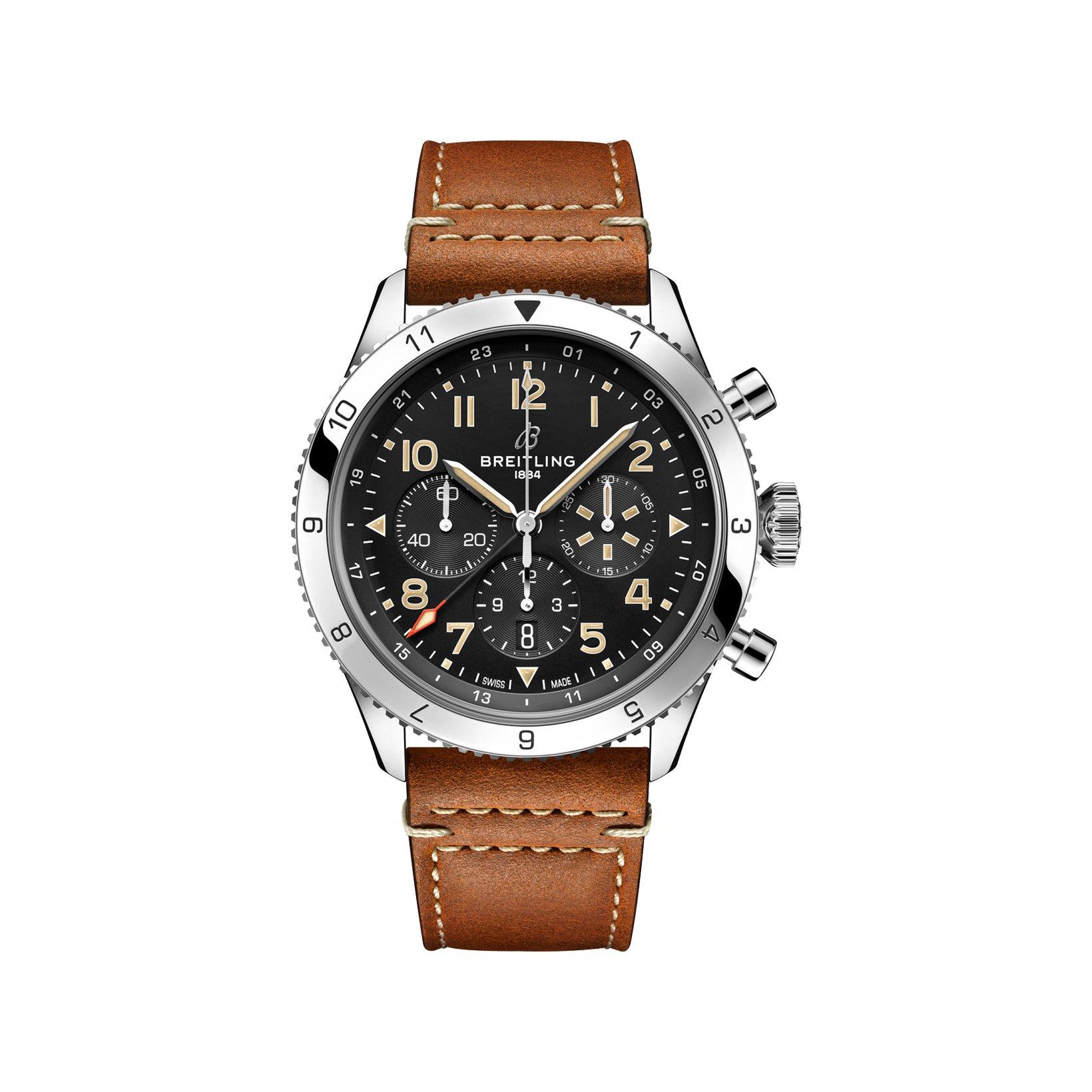 Breitling Aviator B04 Automatic 46 mm Stainless Steel Watch  Black Dial   Calf Skin Leather Strap