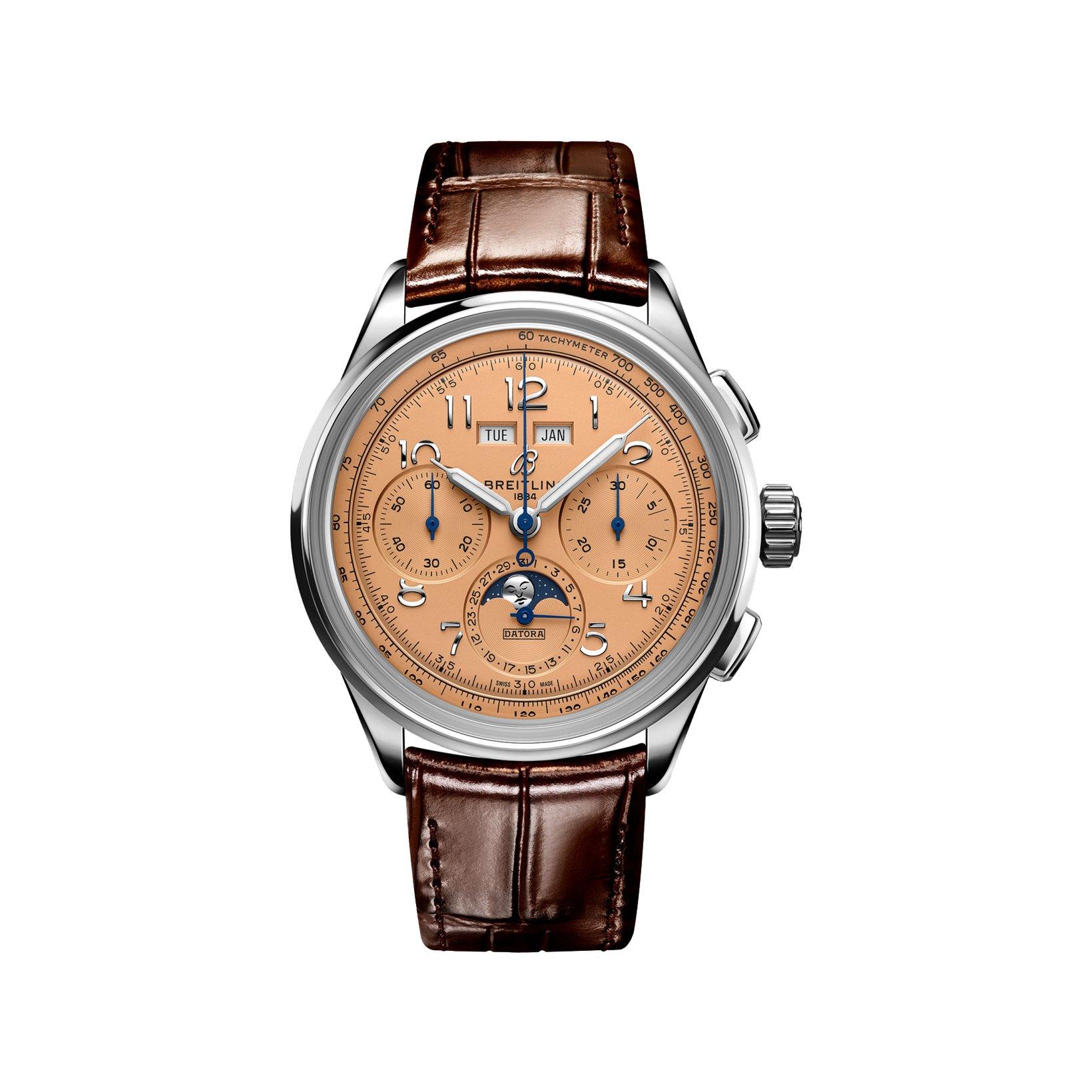 Breitling Premier B25 Automatic 42 mm Stainless Steel Watch  Peach Dial   Alligator Leather Strap