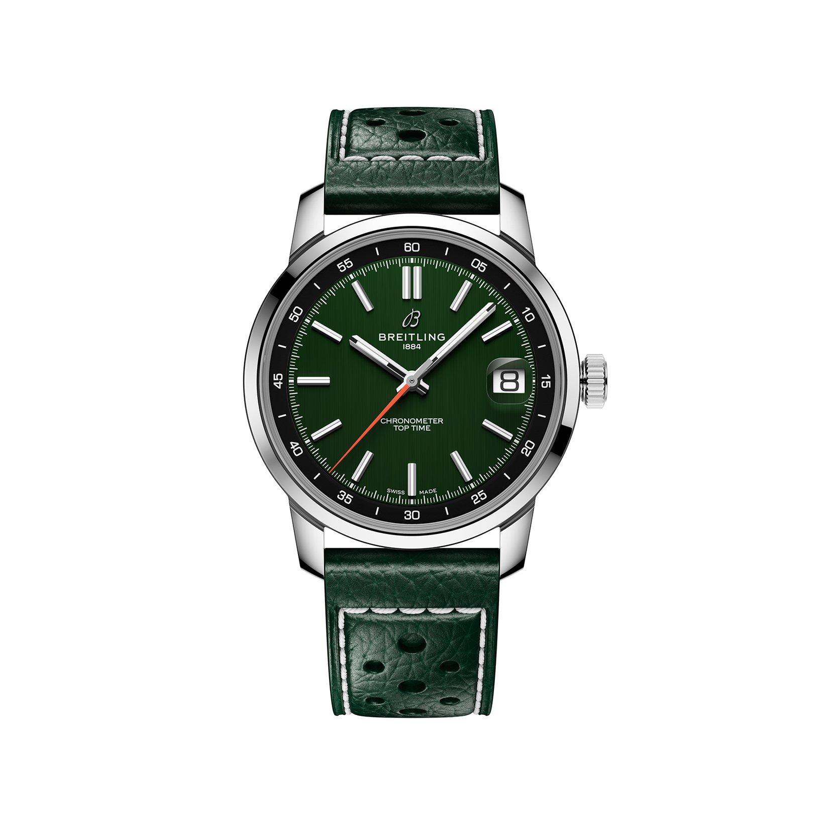 Breitling Top Time B31 Automatic 38 mm Stainless Steel Watch  Green Dial   Calf Skin Leather Strap