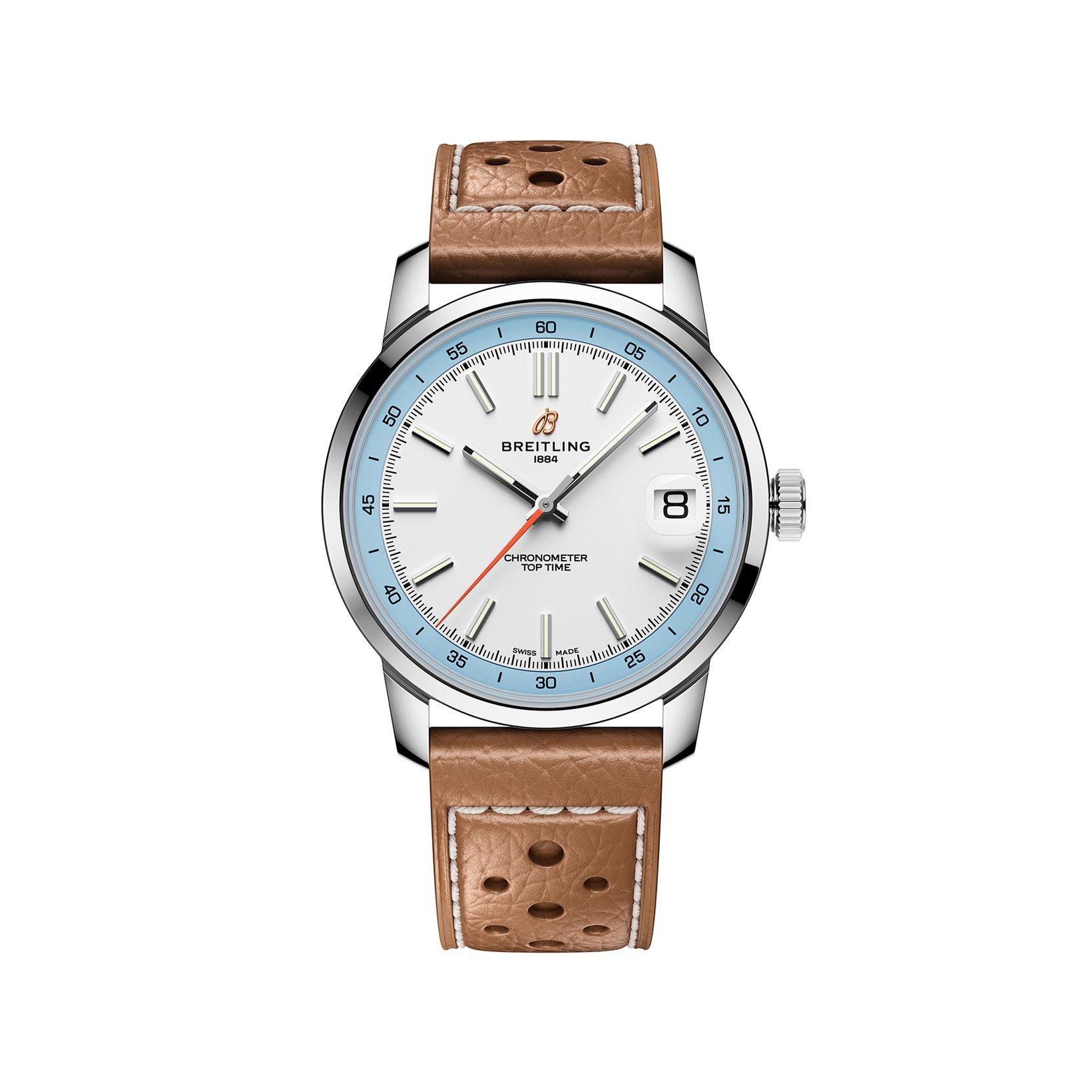 Breitling Top Time B31 Automatic 38 mm Stainless Steel Watch  White And Blue Dial   Calf Skin Leather Strap