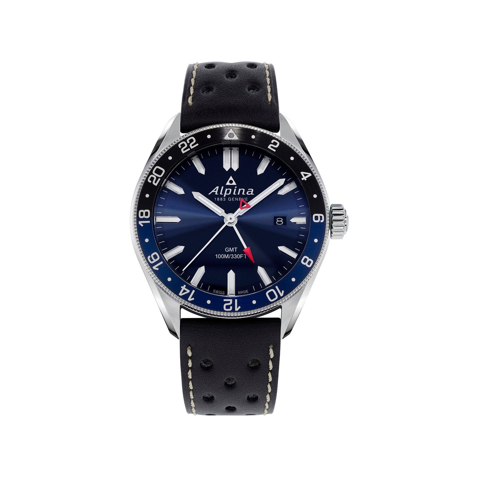 Alpina Alpiner Gmt Quartz 42 mm Stainless Steel Watch  Blue Dial   Leather Strap