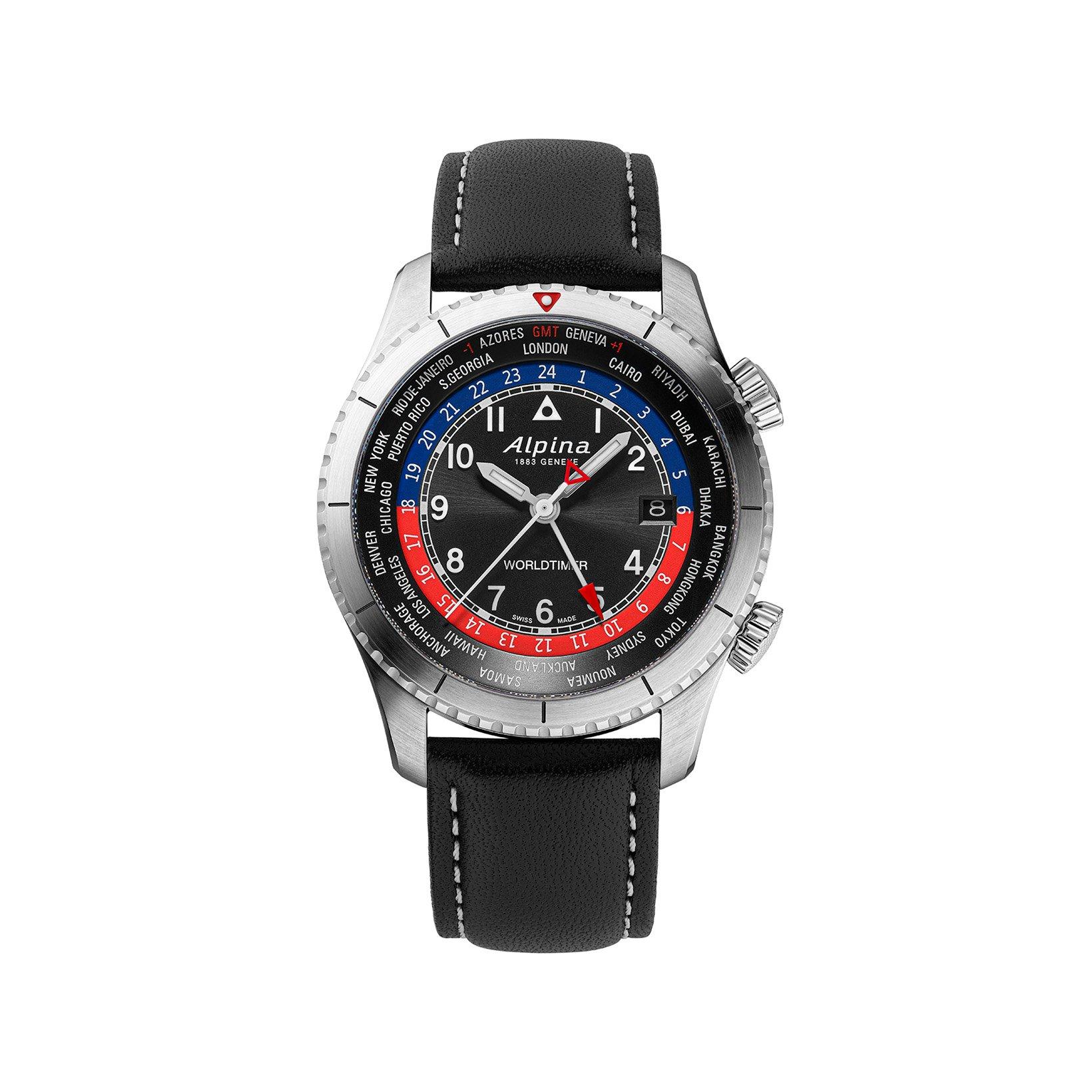 Alpina Startimer Worldtimer Quartz 41 mm Stainless Steel Watch  Black Dial   Leather Strap