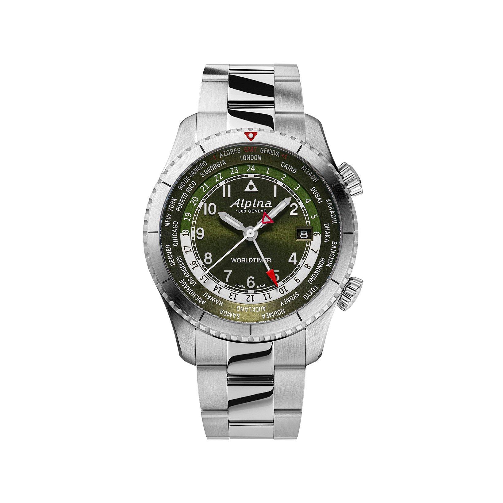 Alpina Startimer Worldtimer Quartz 41 mm Stainless Steel Watch  Green Dial  Stainless Steel Bracelet