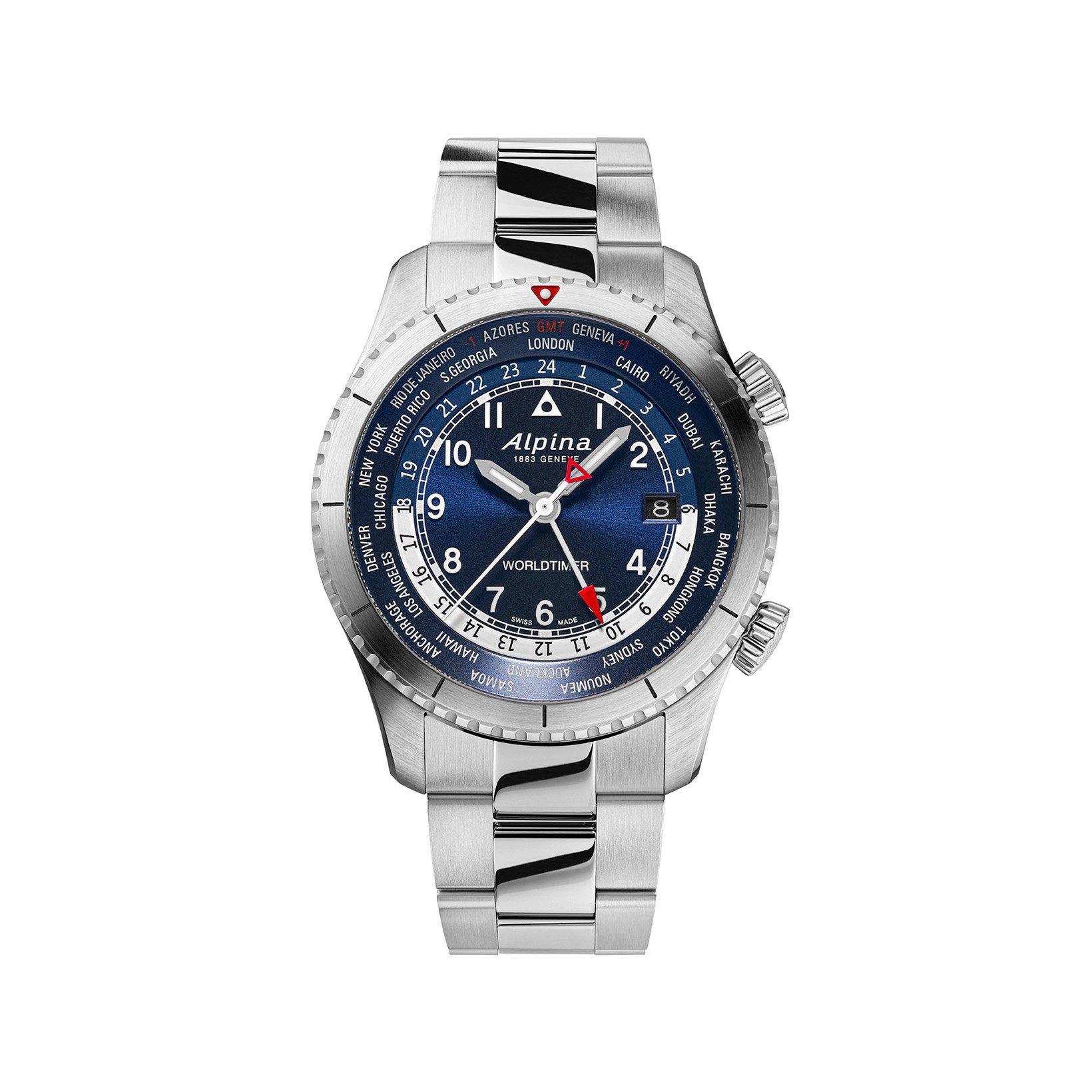 Alpina Startimer Worldtimer Quartz 41 mm Stainless Steel Watch  Blue Dial  Stainless Steel Bracelet