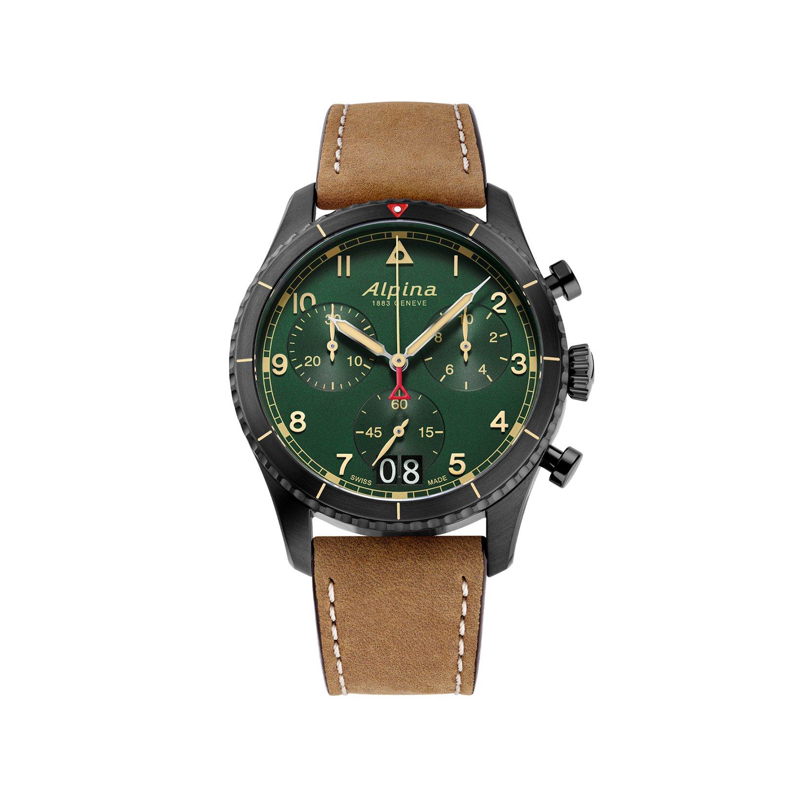 Alpina Startimer Chronograph Quartz 41 mm Stainless Steel Pvd Watch  Green Dial   Leather Strap