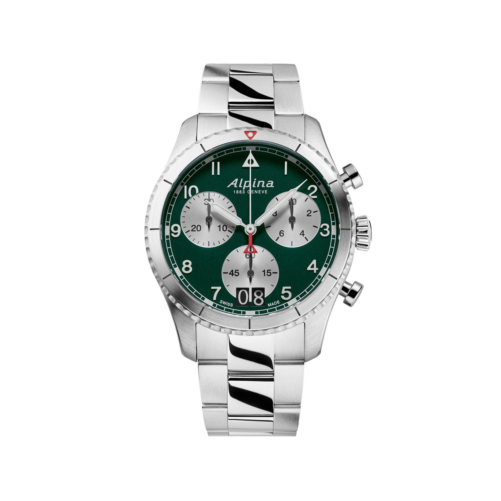 Alpina Startimer Chronograph Quartz 41 mm Stainless Steel Watch  Green Dial  Stainless Steel Bracelet