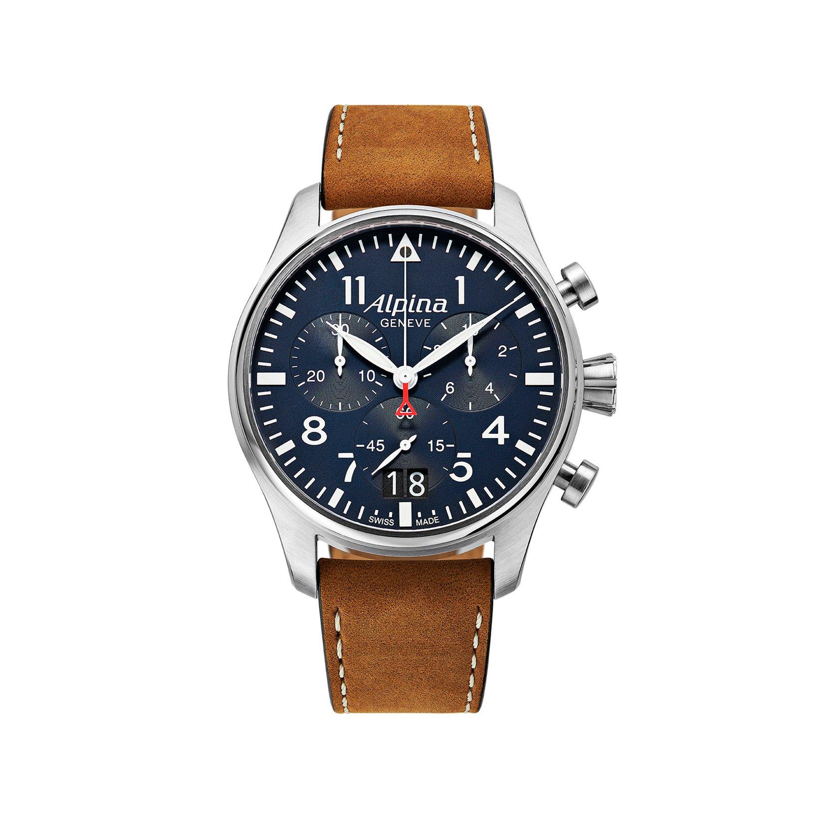 Alpina Startimer Chronograph Quartz 44 mm Stainless Steel Watch  Blue Dial   Leather Strap