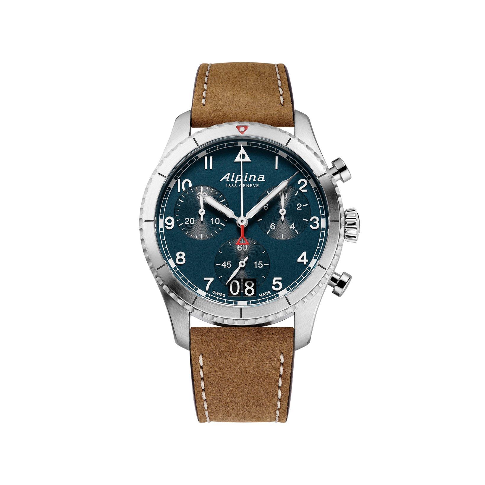 Alpina Startimer Chronograph Quartz 41 mm Stainless Steel Watch  Blue Dial   Leather Strap
