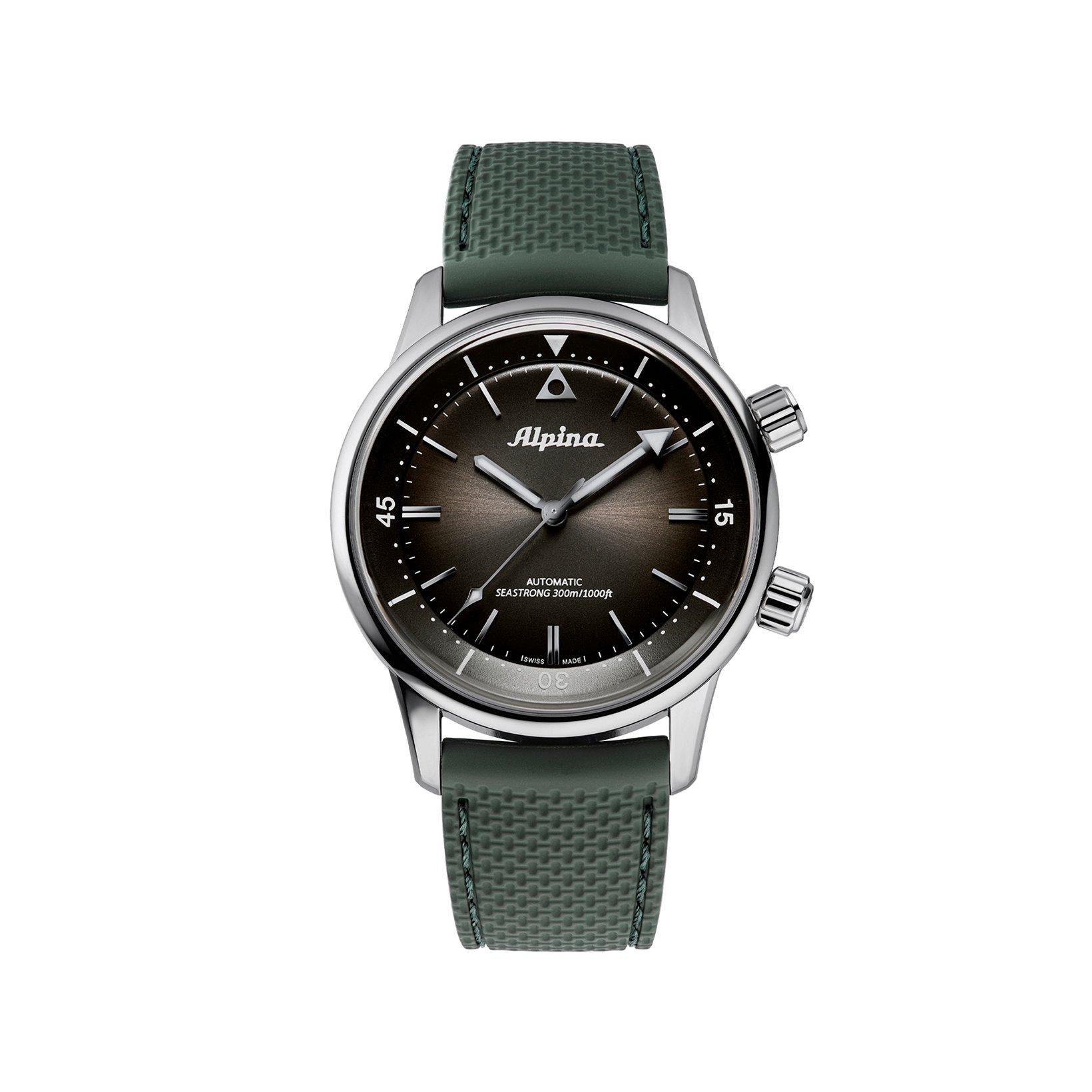 Alpina Seastrong Diver Automatic 42 mm Stainless Steel Watch  Green Dial   Rubber Strap