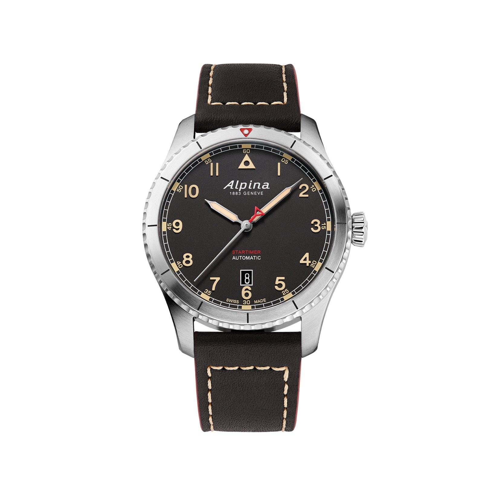 Alpina Startimer Pilot Automatic 41 mm Stainless Steel Watch  Black Dial   Leather Strap