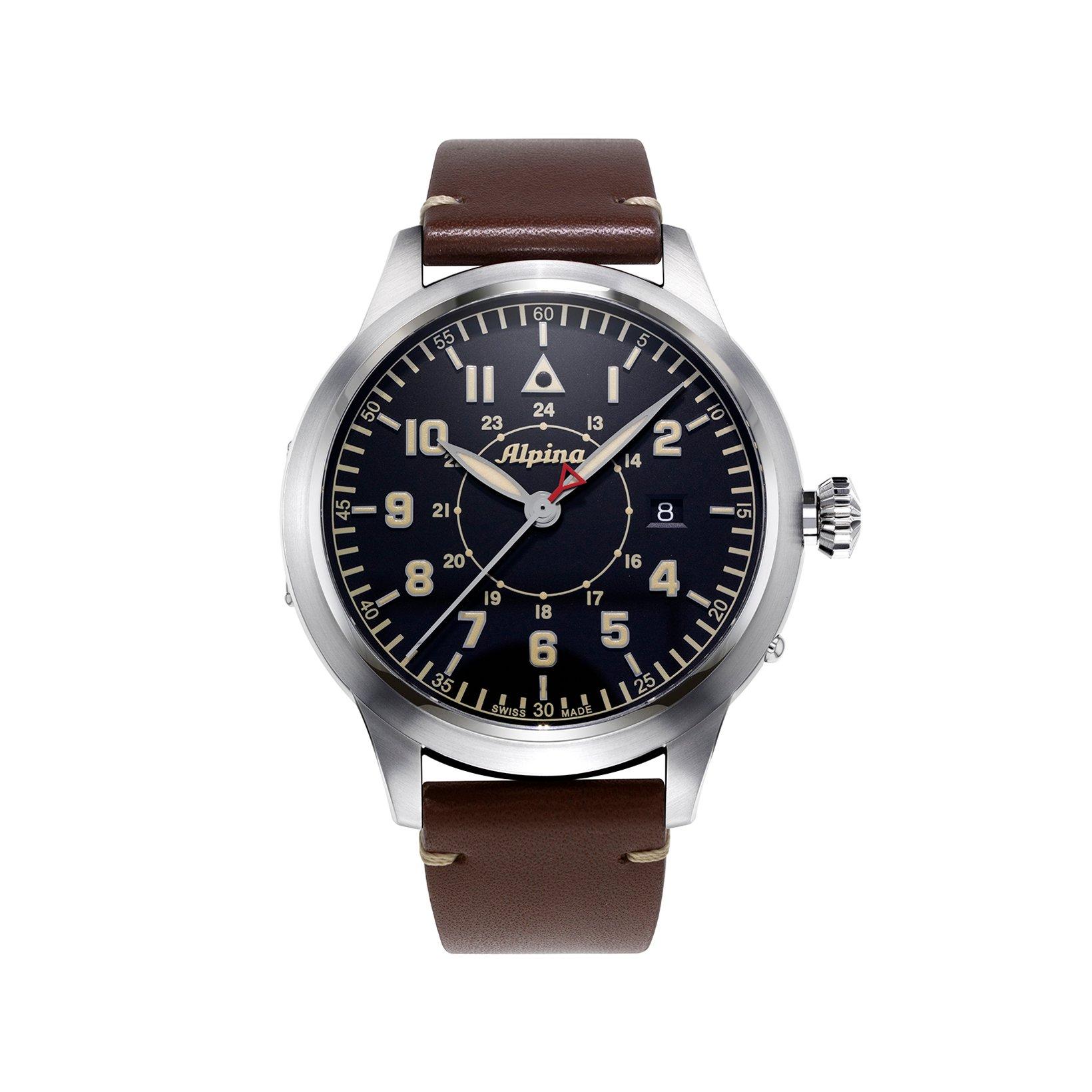 Alpina Startimer Pilot Automatic 44 mm Stainless Steel Watch  Black Dial   Leather Strap