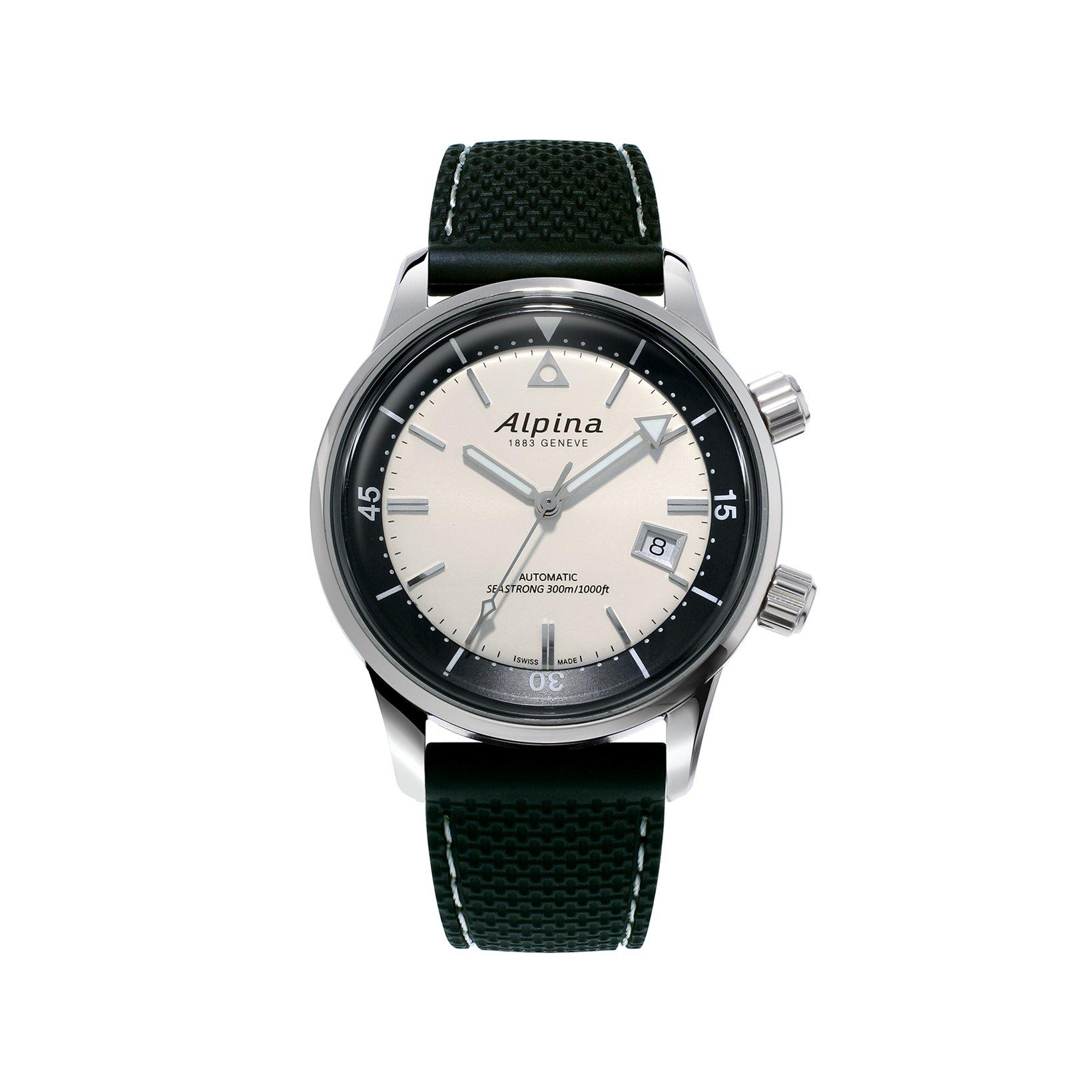 Alpina Seastrong Diver Automatic 42 mm Stainless Steel Watch  Beige Dial   Rubber Strap