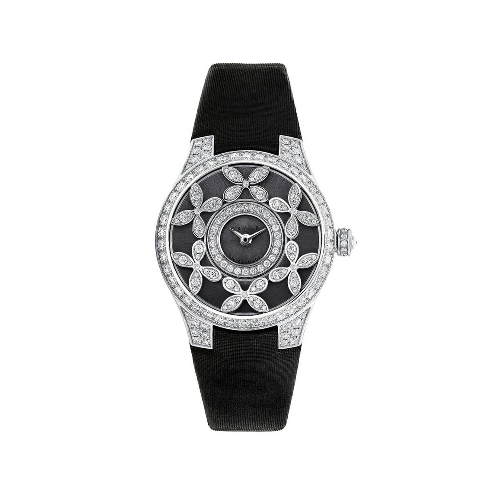 Graff Butterfly Quartz 28 mm Stainless Steel And Platinum Watch  Black Dial   Satin Strap