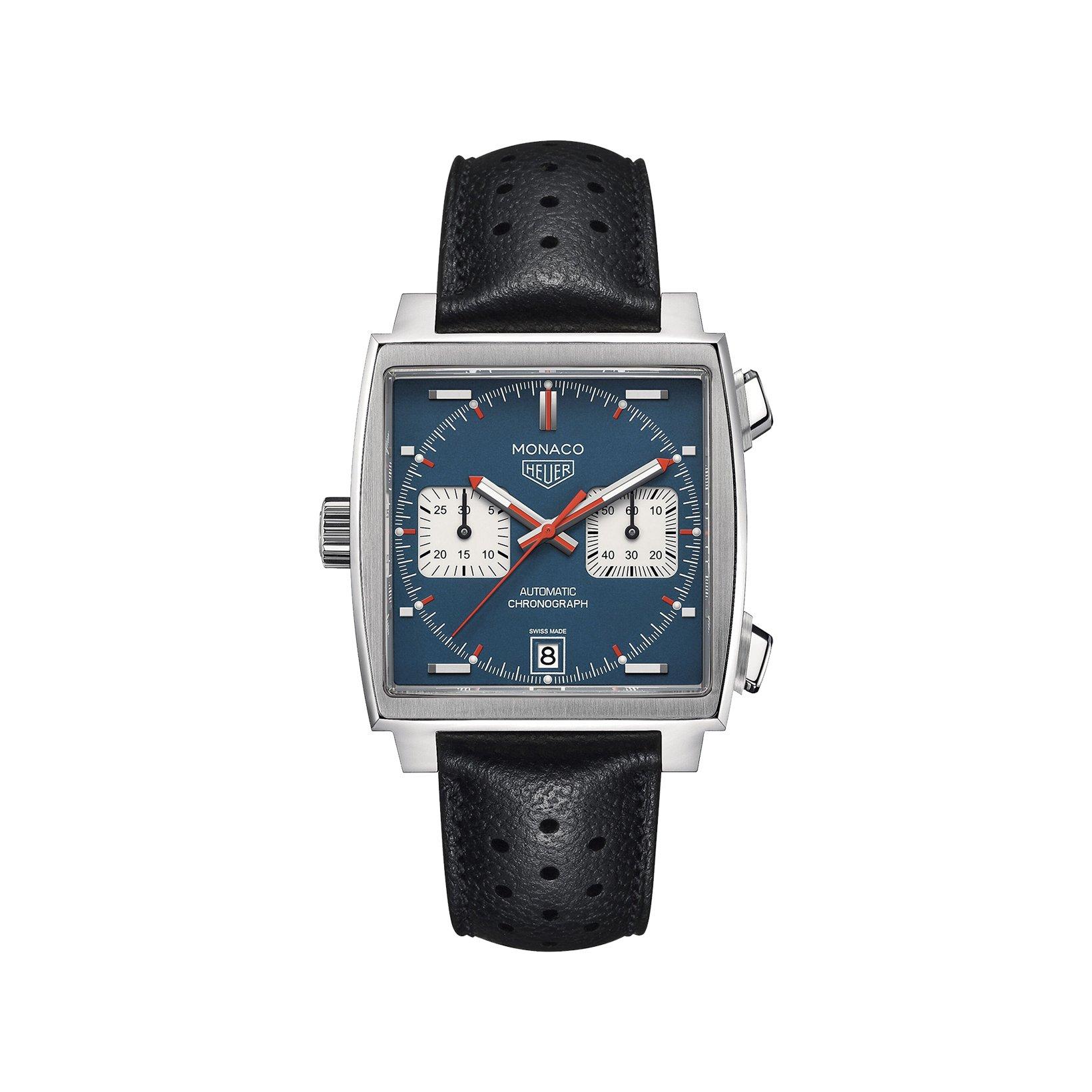 Tag-Heuer Monaco Chronograph Automatic 39 mm Stainless Steel Watch  Blue Dial   Leather Strap