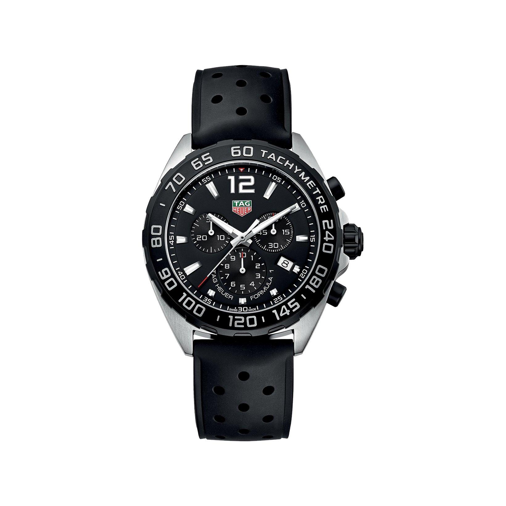 Tag-Heuer Formula 1 Chronograph Quartz 43 mm Stainless Steel Watch  Black Dial   Rubber Strap