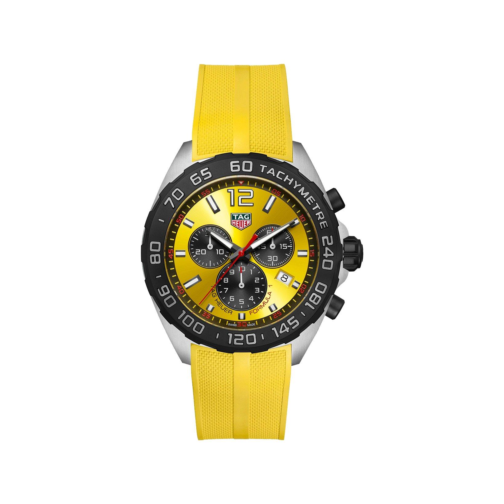 Tag-Heuer Formula 1 Chronograph Quartz 43 mm Stainless Steel Watch  Yellow Dial   Rubber Strap