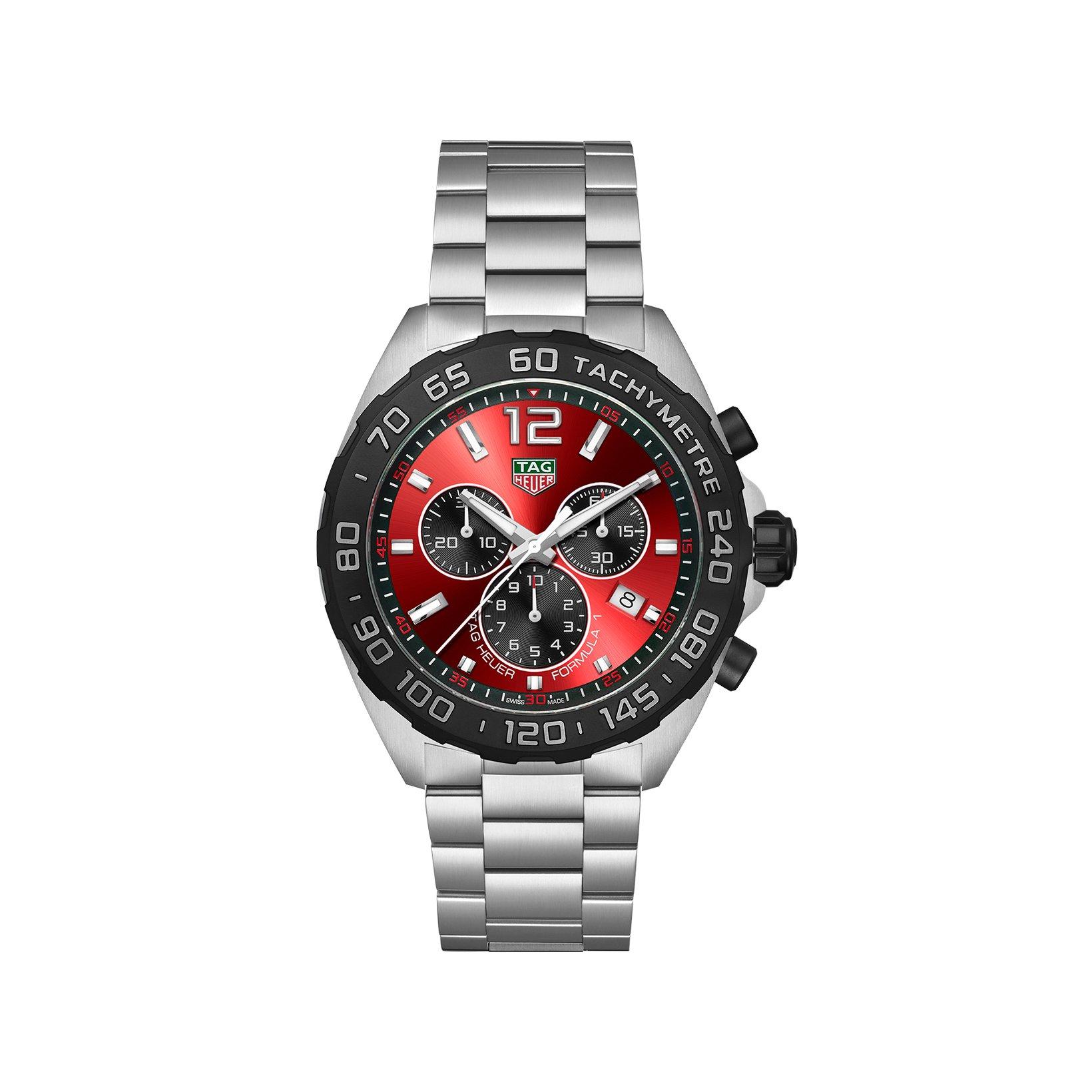 Tag-Heuer Formula 1 Chronograph Quartz 43 mm Stainless Steel Watch  Red Dial  Stainless Steel Bracelet