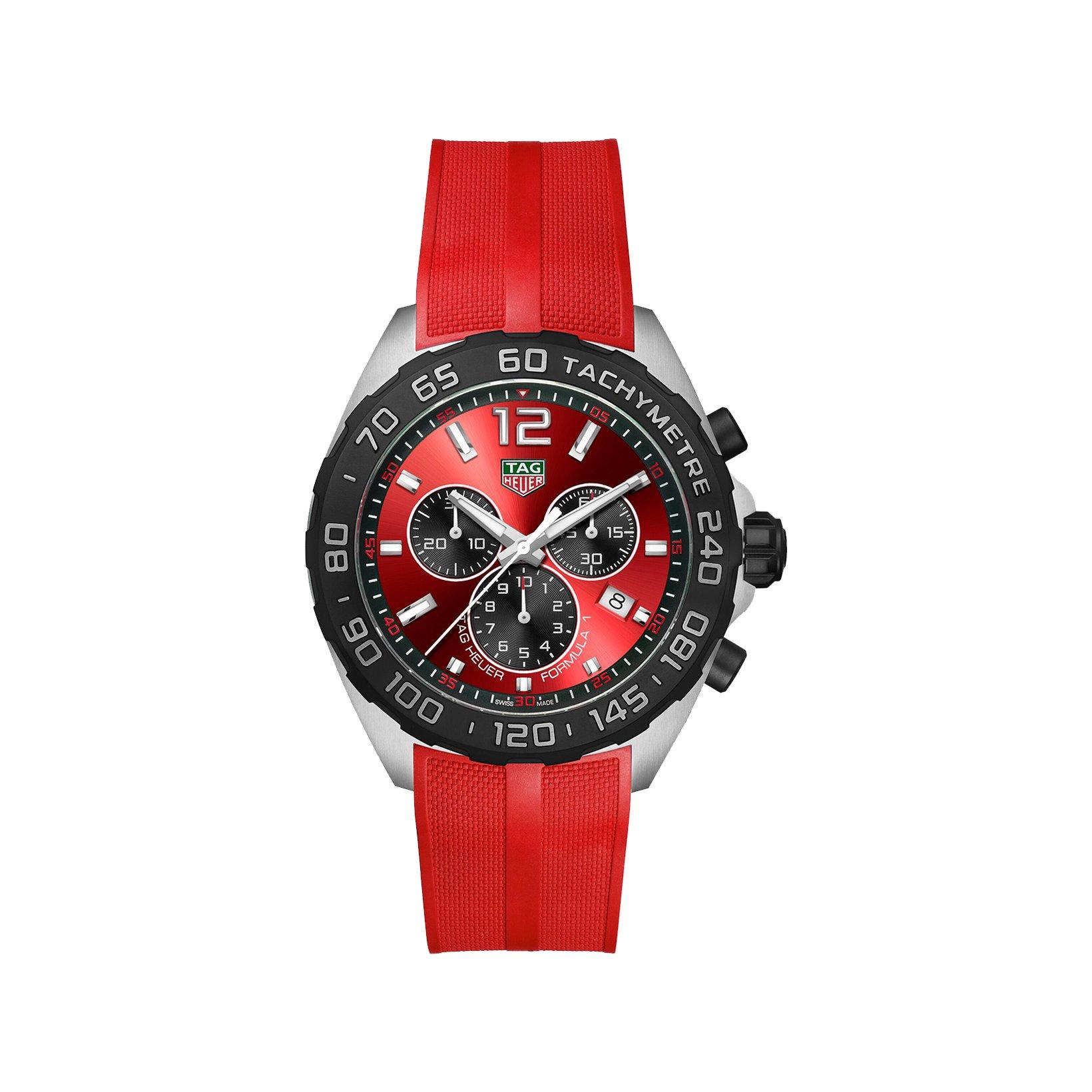 Tag-Heuer Formula 1 Chronograph Quartz 43 mm Stainless Steel Watch  Red Dial   Rubber Strap