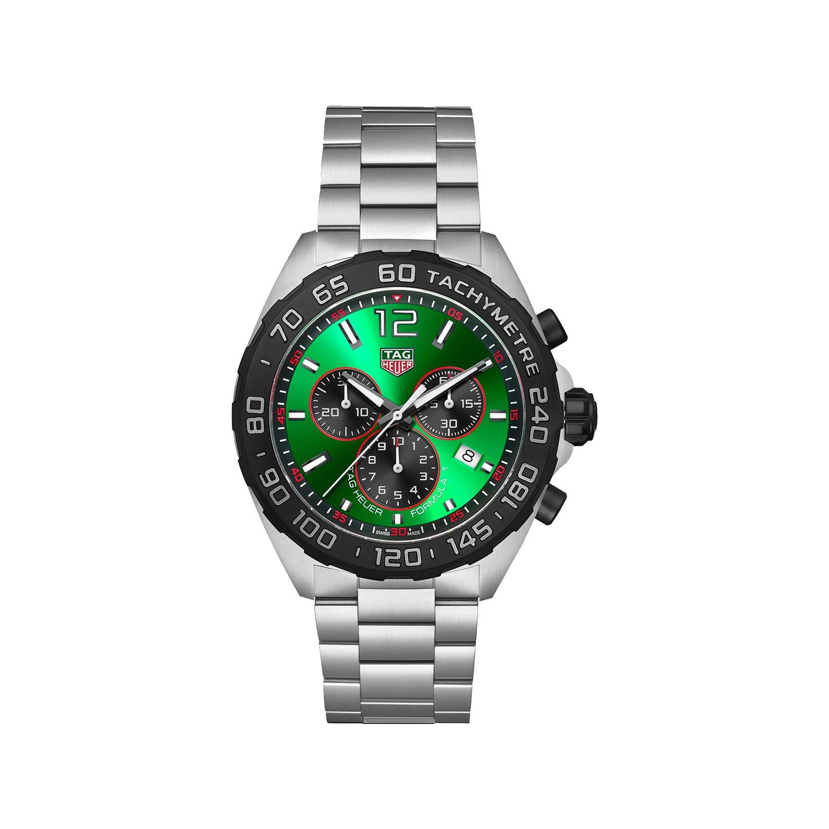 Tag-Heuer Formula 1 Chronograph Quartz 43 mm Stainless Steel Watch  Green Dial  Stainless Steel Bracelet