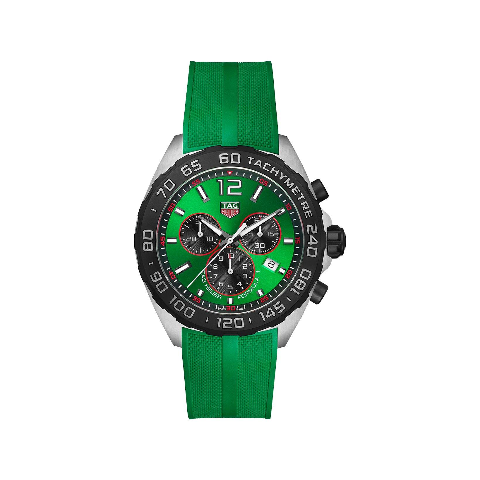 Tag-Heuer Formula 1 Chronograph Quartz 43 mm Stainless Steel Watch  Green Dial   Rubber Strap