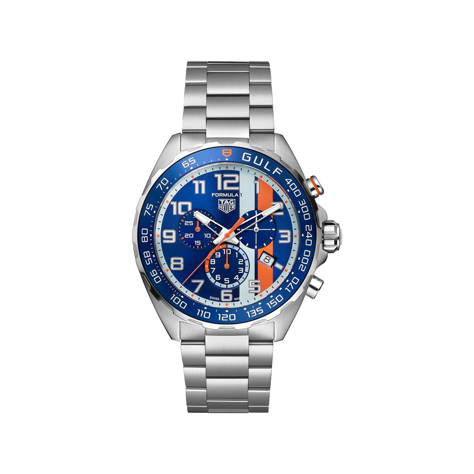 Tag-Heuer Formula 1 Chronograph X Gulf Quartz 43 mm Stainless Steel Watch  Blue And Orange Dial  Stainless Steel Bracelet